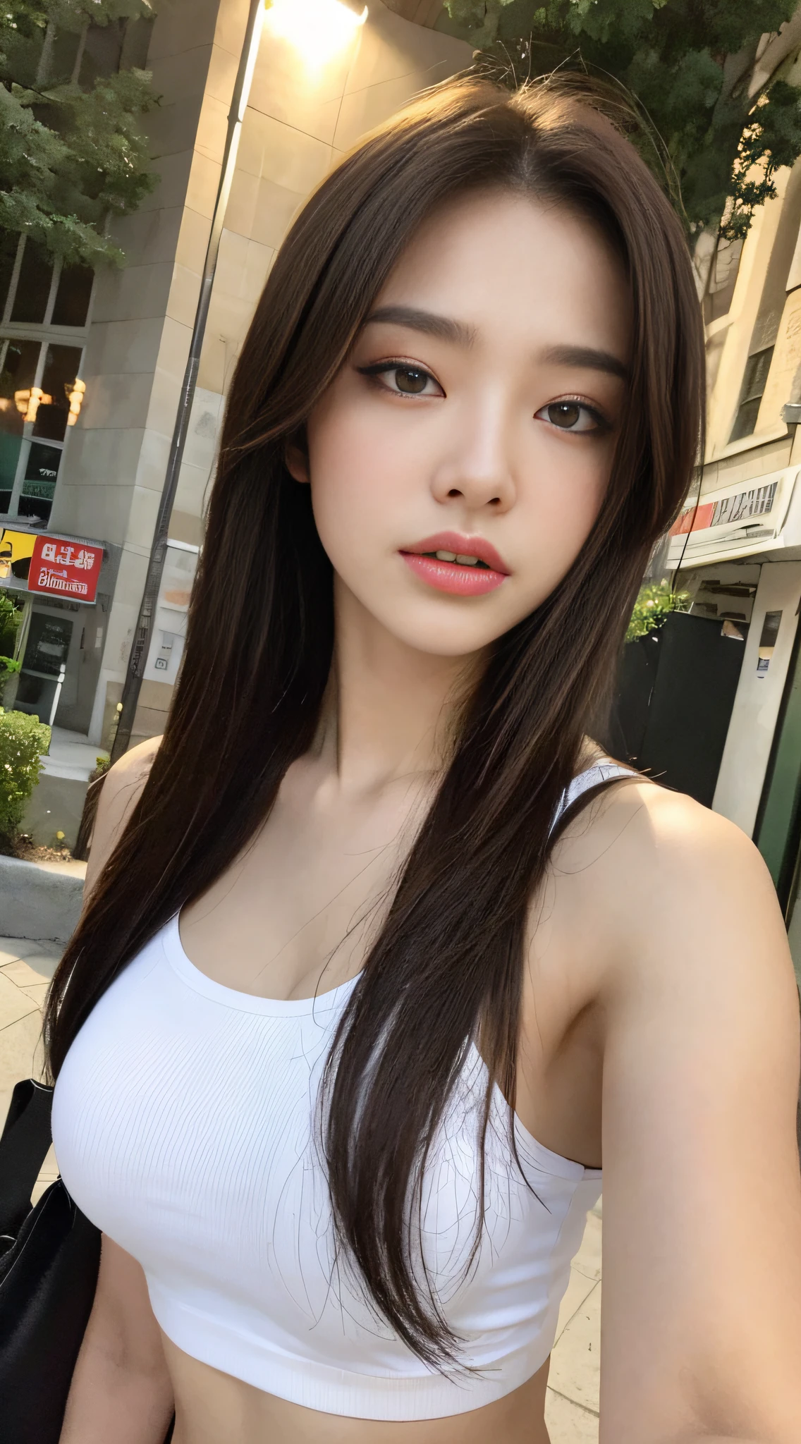 ((Realistic lighting, Best quality, 8K, Masterpiece: 1.3)), Clear focus: 1.2, 1girl, Perfect beauty: 1.4, Big breasts: 1.2, Slim abs: 1.1, ((dark brown hair)), (White crop top: 1.4), (Outdoor, night: 1.1), City streets, Super fine face, fine eyes, Double eyelids,