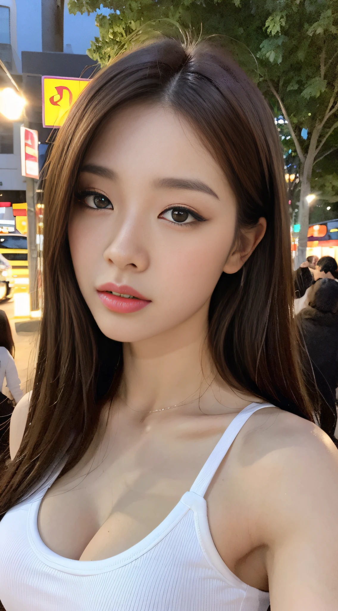 ((Realistic lighting, Best quality, 8K, Masterpiece: 1.3)), Clear focus: 1.2, 1girl, Perfect beauty: 1.4, Big breasts: 1.2, Slim abs: 1.1, ((dark brown hair)), (White crop top: 1.4), (Outdoor, night: 1.1), City streets, Super fine face, fine eyes, Double eyelids,