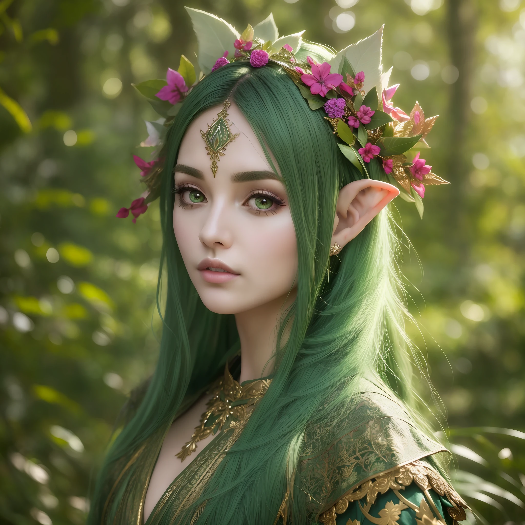Fantasy forest background for a photograph of an elf with natural skin, long and voluminous hair, sharp eyes, a thin and upturned nose, shapely lips, an hourglass body shape, typical clothes and makeup, intricately maximalist-detailed, vibrant, epic, smooth, cinematic, 4K, backlit, and a shallow depth of field.