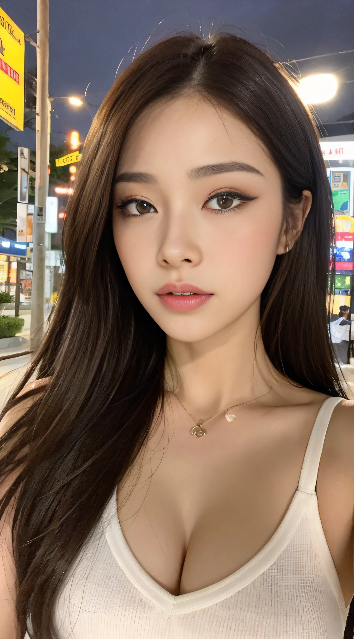 ((Realistic lighting, Best quality, 8K, Masterpiece: 1.3)), Clear focus: 1.2, 1girl, Perfect beauty: 1.4, Big breasts: 1.2, Slim abs: 1.1, ((dark brown hair)), (White crop top: 1.4), (Outdoor, night: 1.1), City streets, Super fine face, fine eyes, Double eyelids,