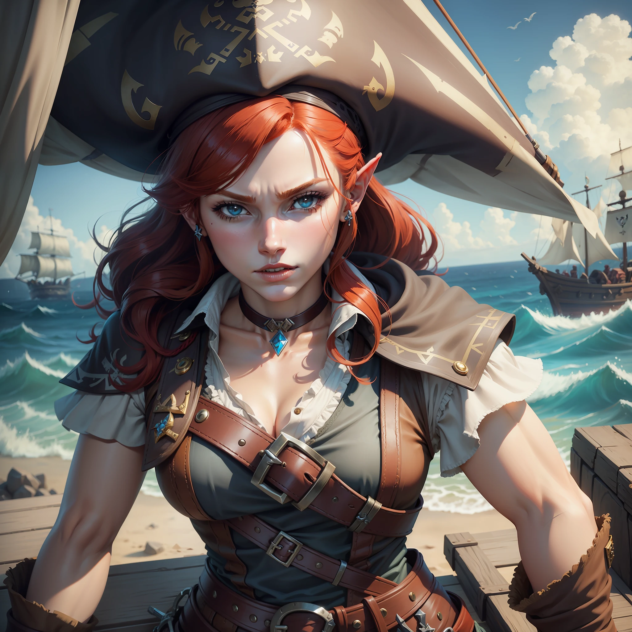 Beautiful redhead woman, pirate clothes, pirate hat, in the style of Zelda botw,