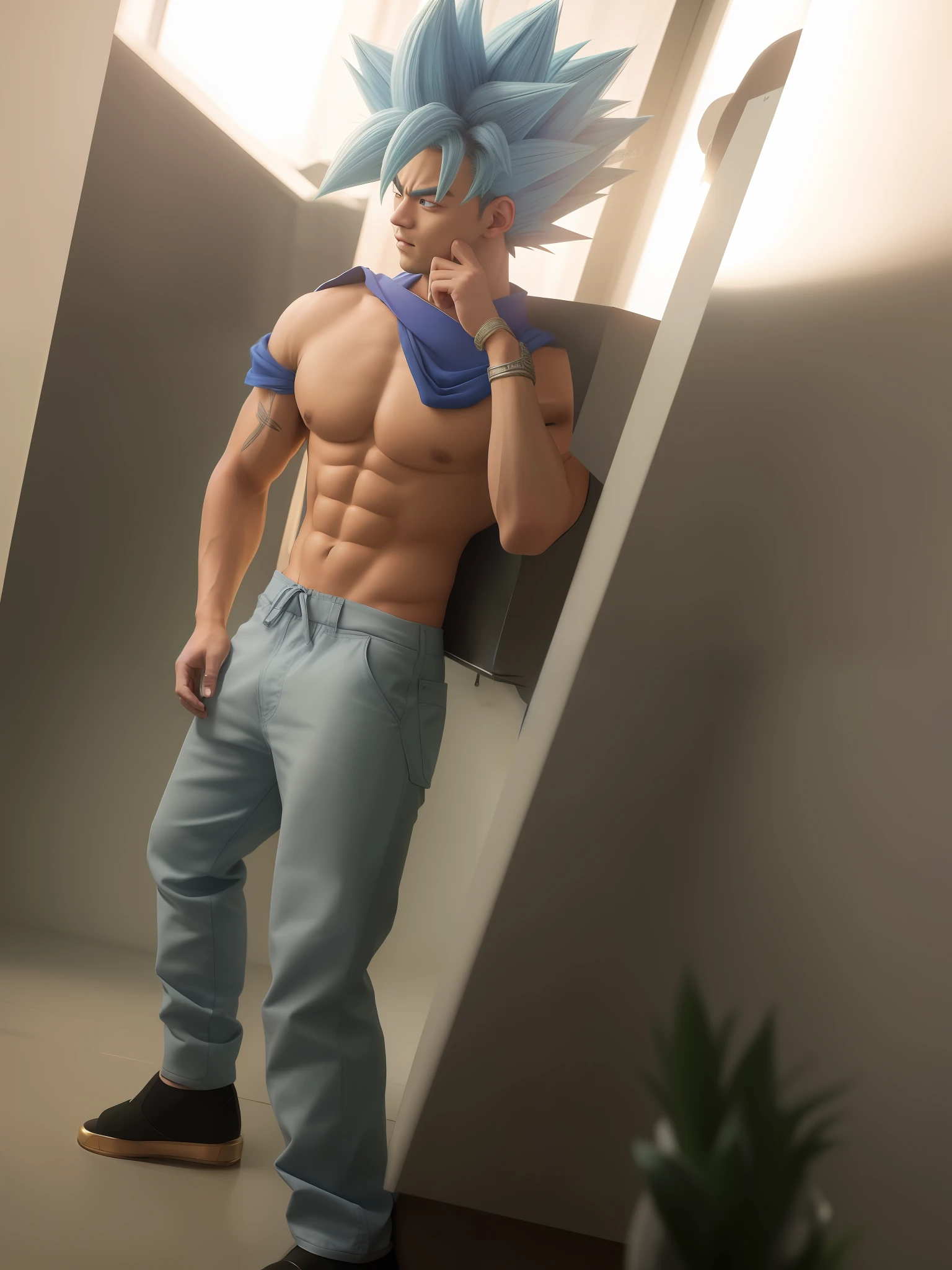 best quality, masterpiece, (realistic:1.2), son_goku, super_saiyan_blue, blue_hair, blue_eyes, blue_aura, portrait, ((side_view))