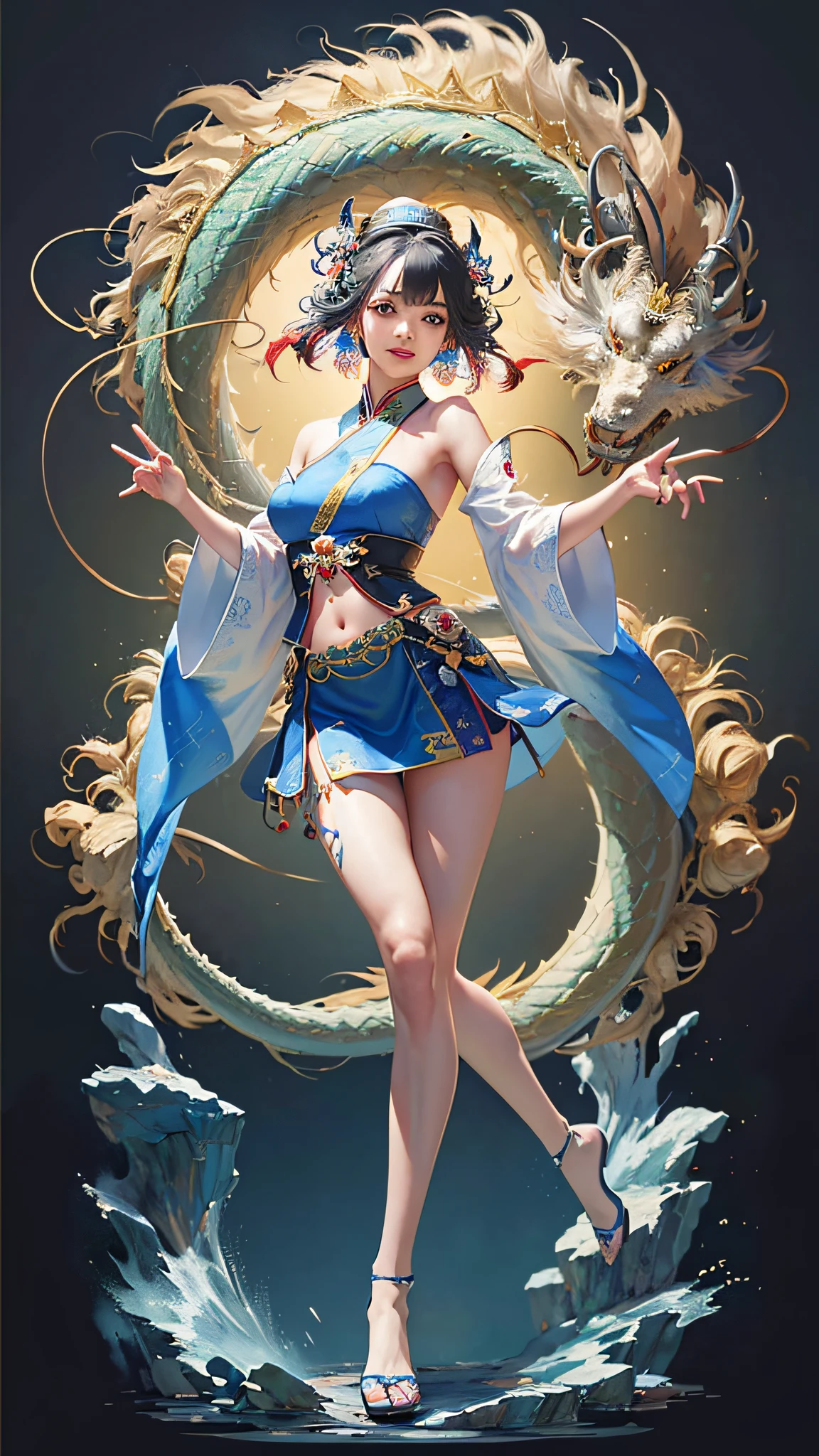 Official Art, Unified 8K Wallpapers, Ultra Detailed, Beautiful and Aesthetic, Masterpiece, Best Quality, (Zentangle, Tangle, Entangle), (fractal art: 1.4), 1girl, black hair, Chinese, bare shoulders, short skirt, calf, navel, very detailed, dynamic angle, cowboyshot, (most beautiful form chaos), flowing, (bright colors), oc, (half: 1.2), china, (thangka flying sky: 1.5), (ribbon: 1.3), (dream: 1.5), (hanfu: 1.5), Chinese dragon, Chinese phoenix, (smile: 0.5), (Chinese deity),