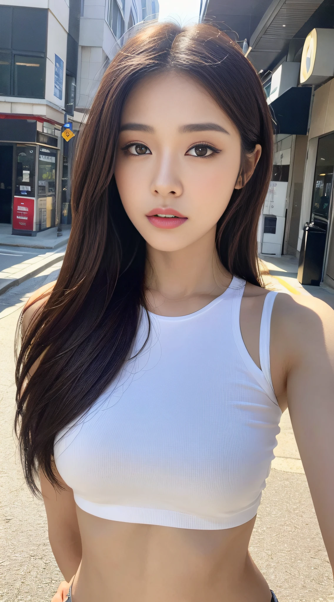 ((Realistic lighting, Best quality, 8K, Masterpiece: 1.3)), Clear focus: 1.2, 1girl, Perfect beauty: 1.4, Big breasts: 1.2, Slim abs: 1.1, ((dark brown hair)), (White crop top: 1.4), (Outdoor, night: 1.1), City streets, Super fine face, fine eyes, Double eyelids,