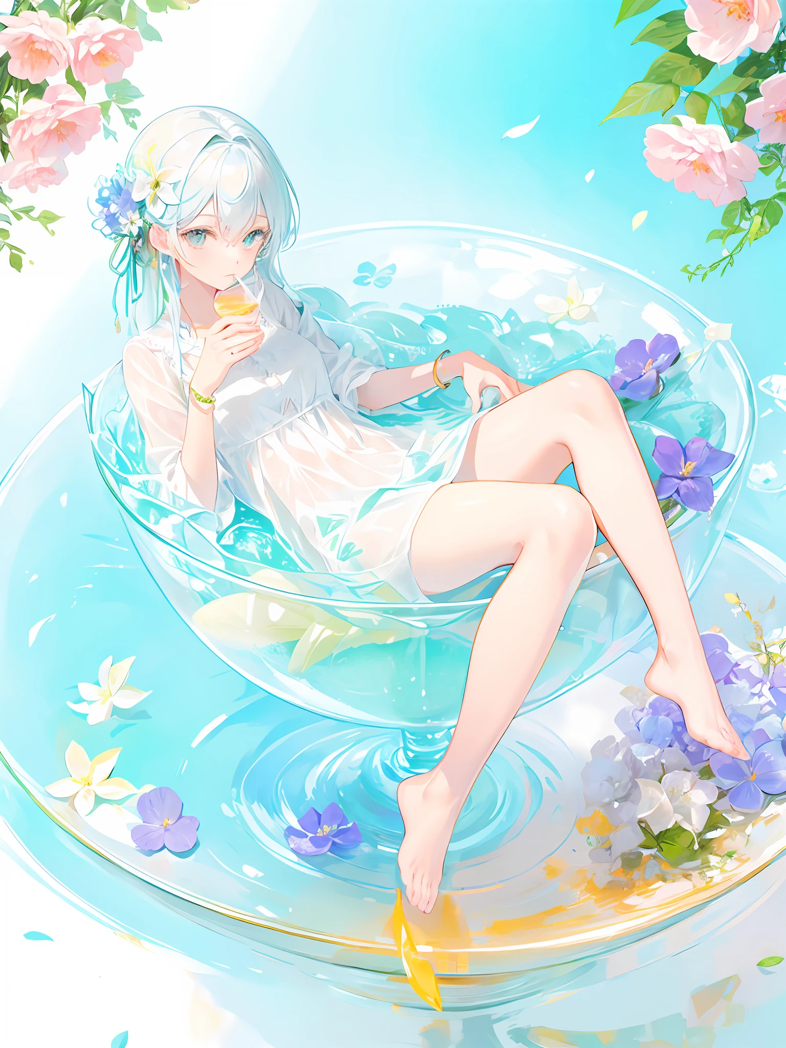 in container, glass cup, in glass cup, sit, fullbody, beautiful girl, leaning, cocktail, casual clothes, simple background with little flower, exotic, fresh, anatomimicaly correct,