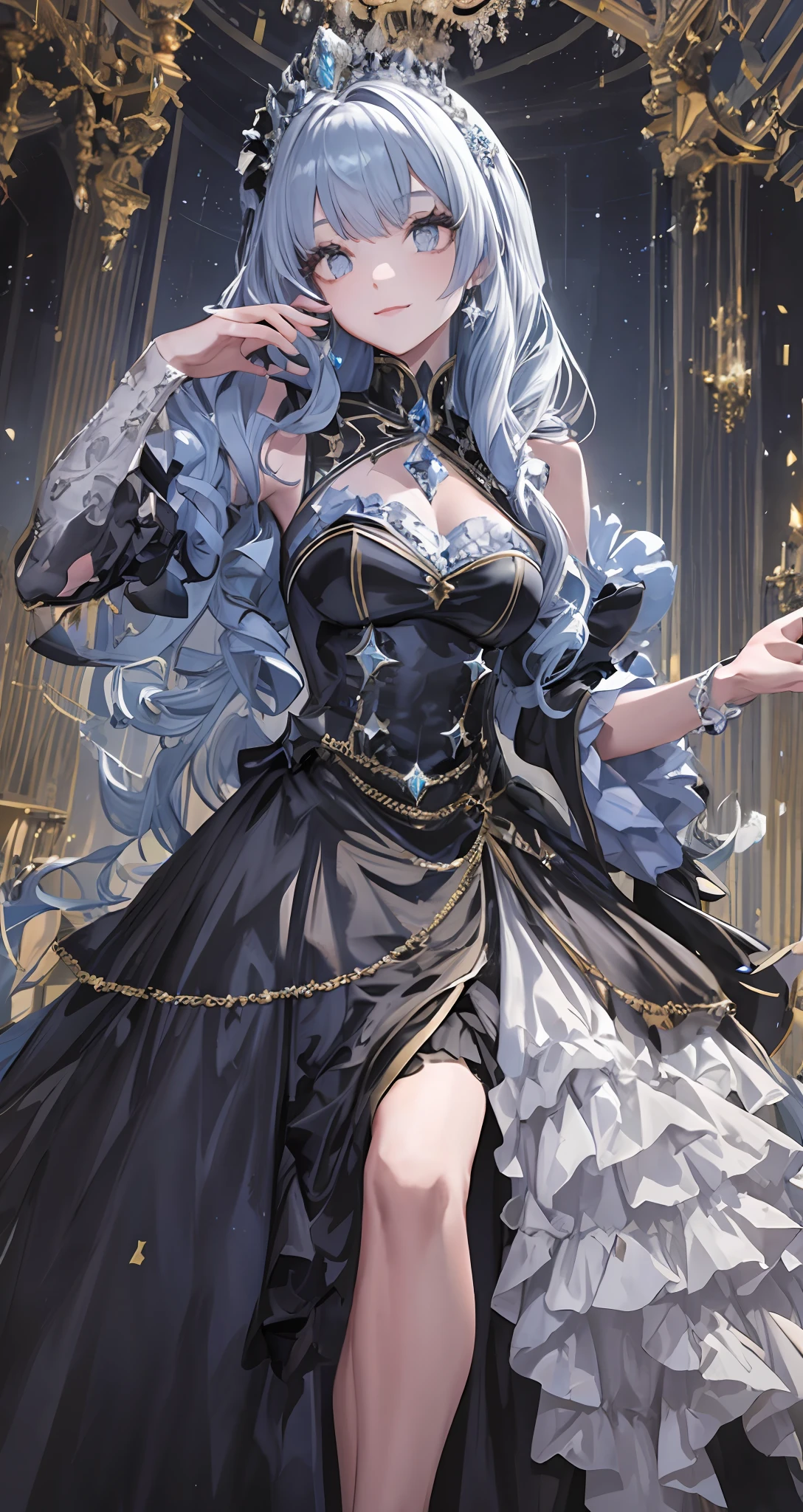 Dramatic composition, court-style dresses, royal, gorgeous, cascading frills, ruffles, bows, crystal chandeliers, Roman curly hairstyles, ponet, double ponytails like drills, look at the camera, bangs, maximalism, palatial background, delicate portrayal of hair and eyes, princess dresses, gorgeous skirts, flowers in hand, smiles, starry eyes, cinematic light, extreme detail, high definition, happy girl, very long hair, diamonds, broken diamonds, crystal fragments, light particles