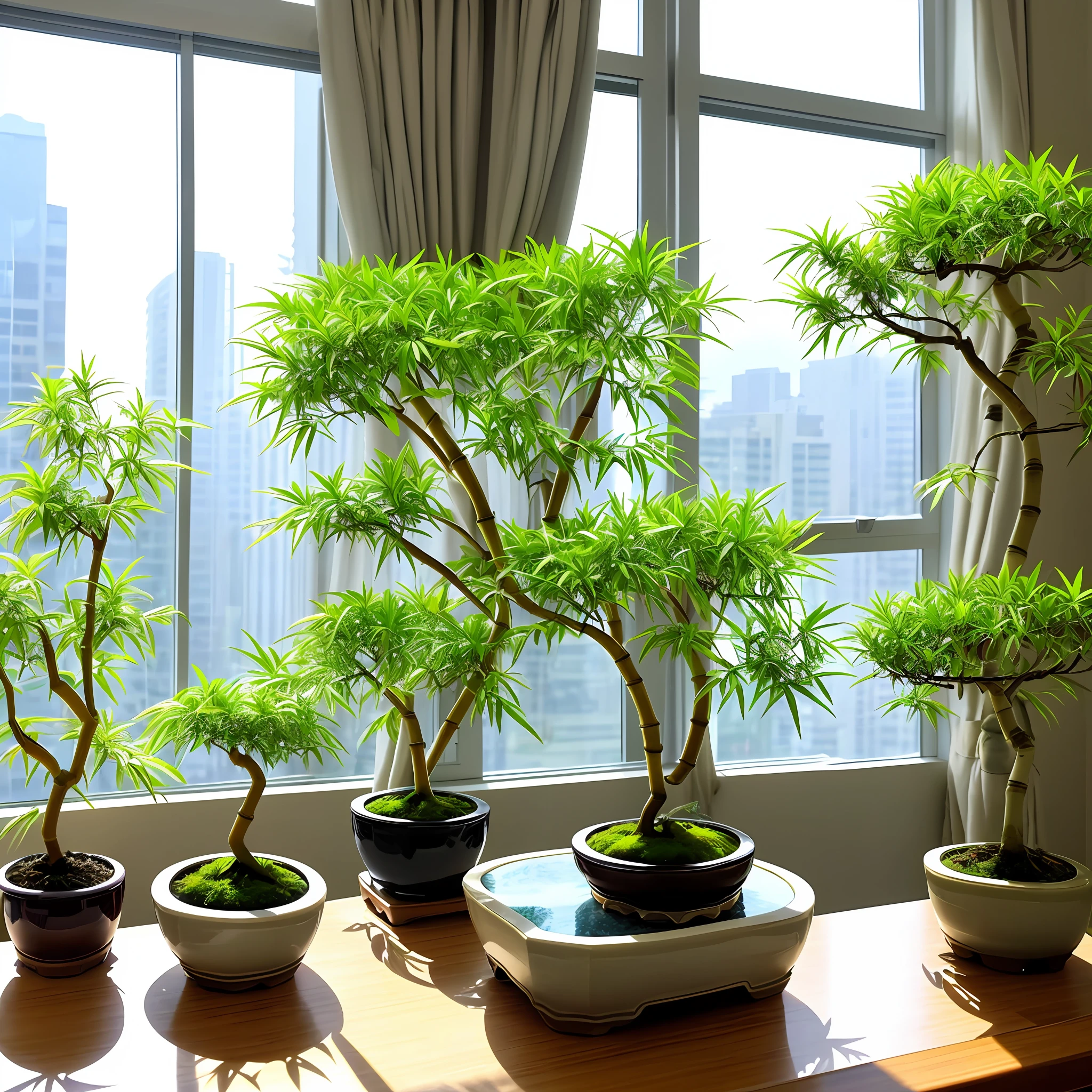 Lucky bamboo bonsai and small bonsai tree blooming small white flowers placed on the table sunlight shines through the window, sky view, condominium, morning sunlight, purple window, luxury condominium decoration