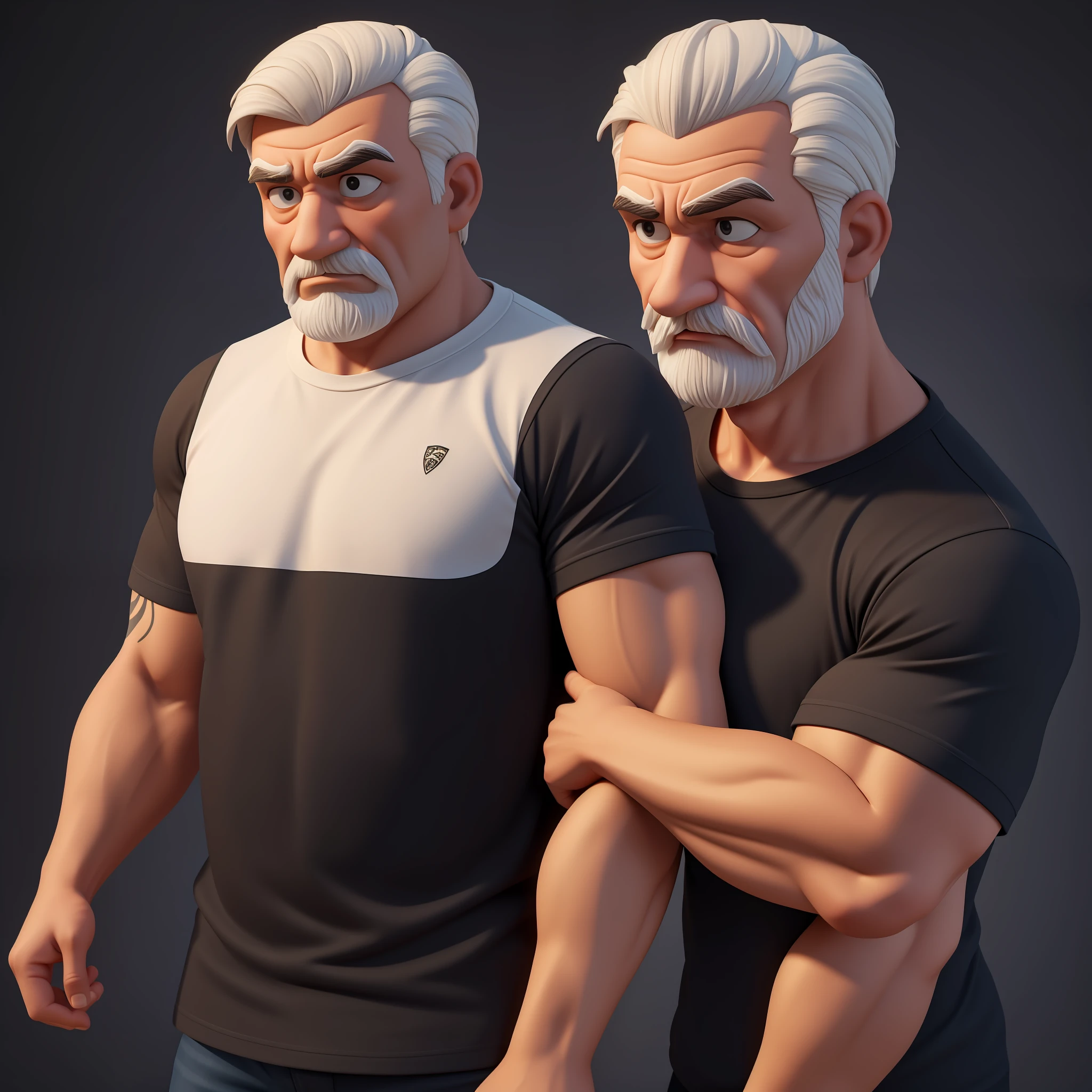 Create a 3d and 8K cartoon of a sad, full-body, well-muscled old man in a white shirt. Make sure the resulting image has a cartoonish look, with vibrant colors and smooth edges. Add details to give the old man a sad look, such as furrowed brows and a tight mouth. Make sure that the black shirt striped with white is an important element of the image, and add details to make it attractive and interesting. Add textures and details to make the image more realistic, such as the appearance of the shirt texture and the appearance of the skin. Make sure the resulting image is high resolution, 8K quality." —c 10 —ar 2