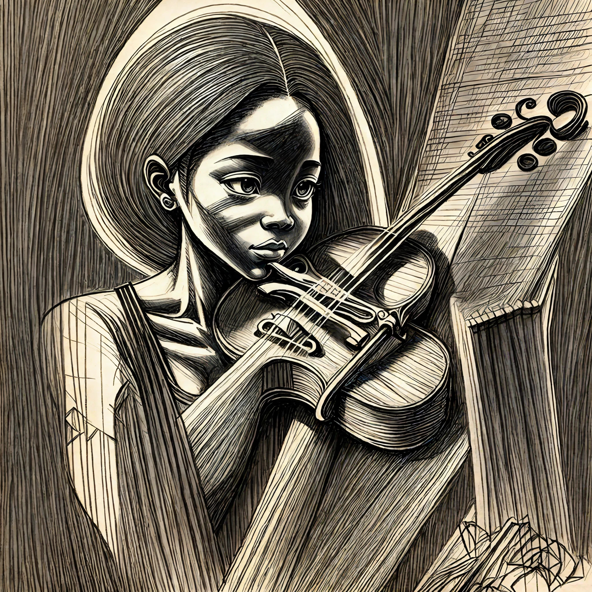 Handmade drawing with black, realistic and illuminated pencil of a black woman playing the violin --auto --s2