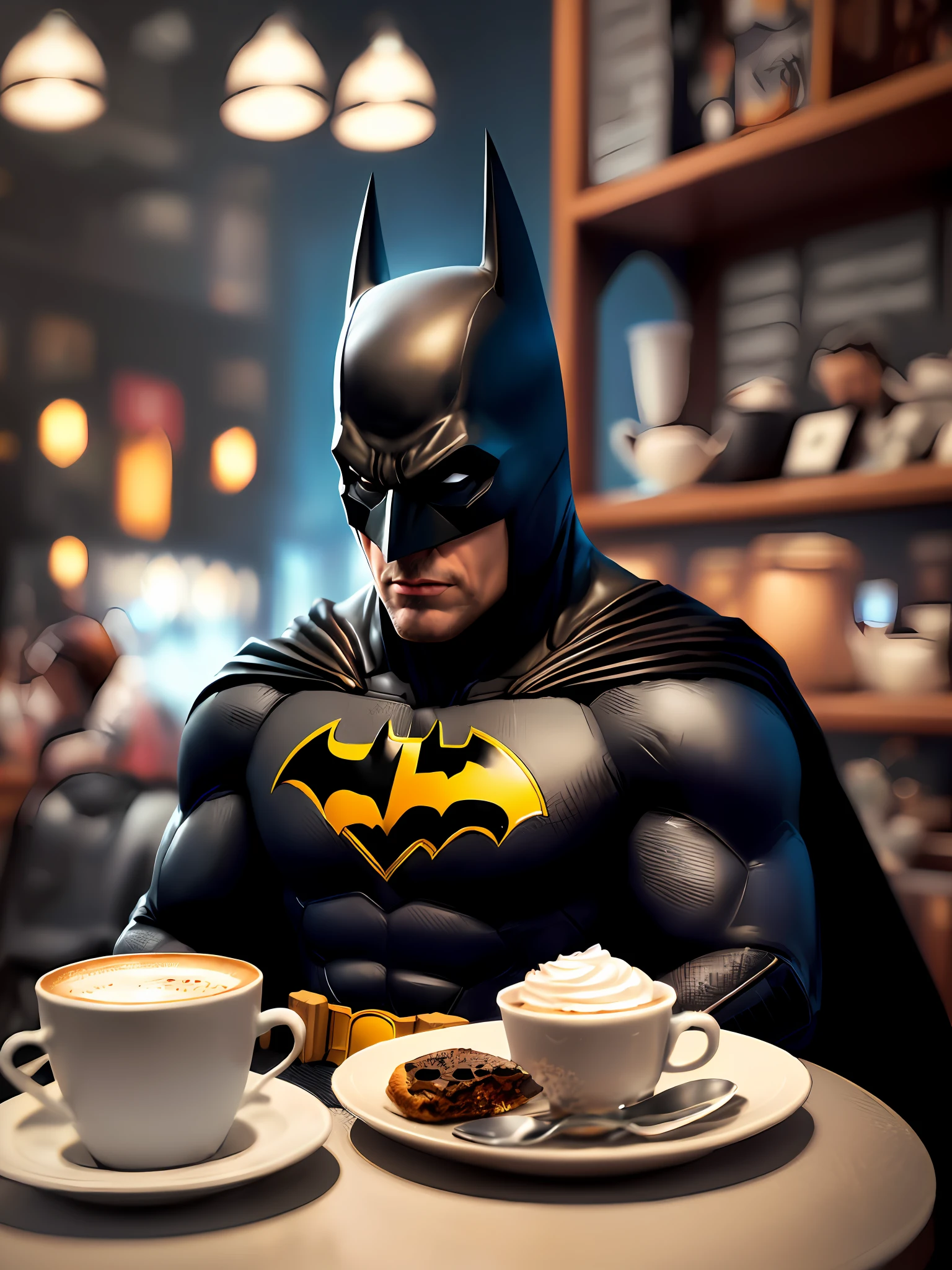 batman figurine sitting at a table with a cup of coffee, batman eating pizza, portrait of batman, anigirl batman, batman portrait, batman, the batman, david spade as batman, high detail iconic character, by Brian Thomas, in batman comics, portrait shot, in batman comic book, from movie batman, dc comics art style, by Eddie Mendoza, fat batman