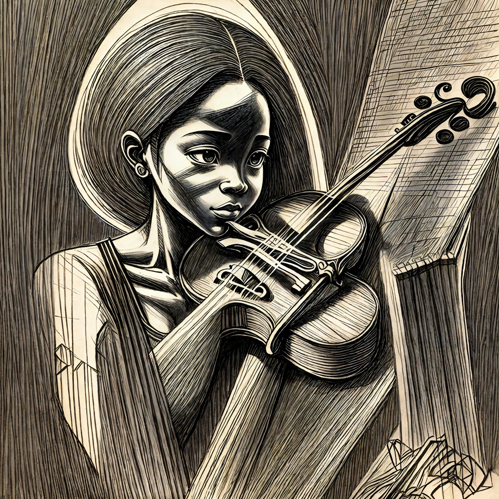 Handmade drawing with black, realistic and illuminated pencil of a black woman playing the violin --auto --s2