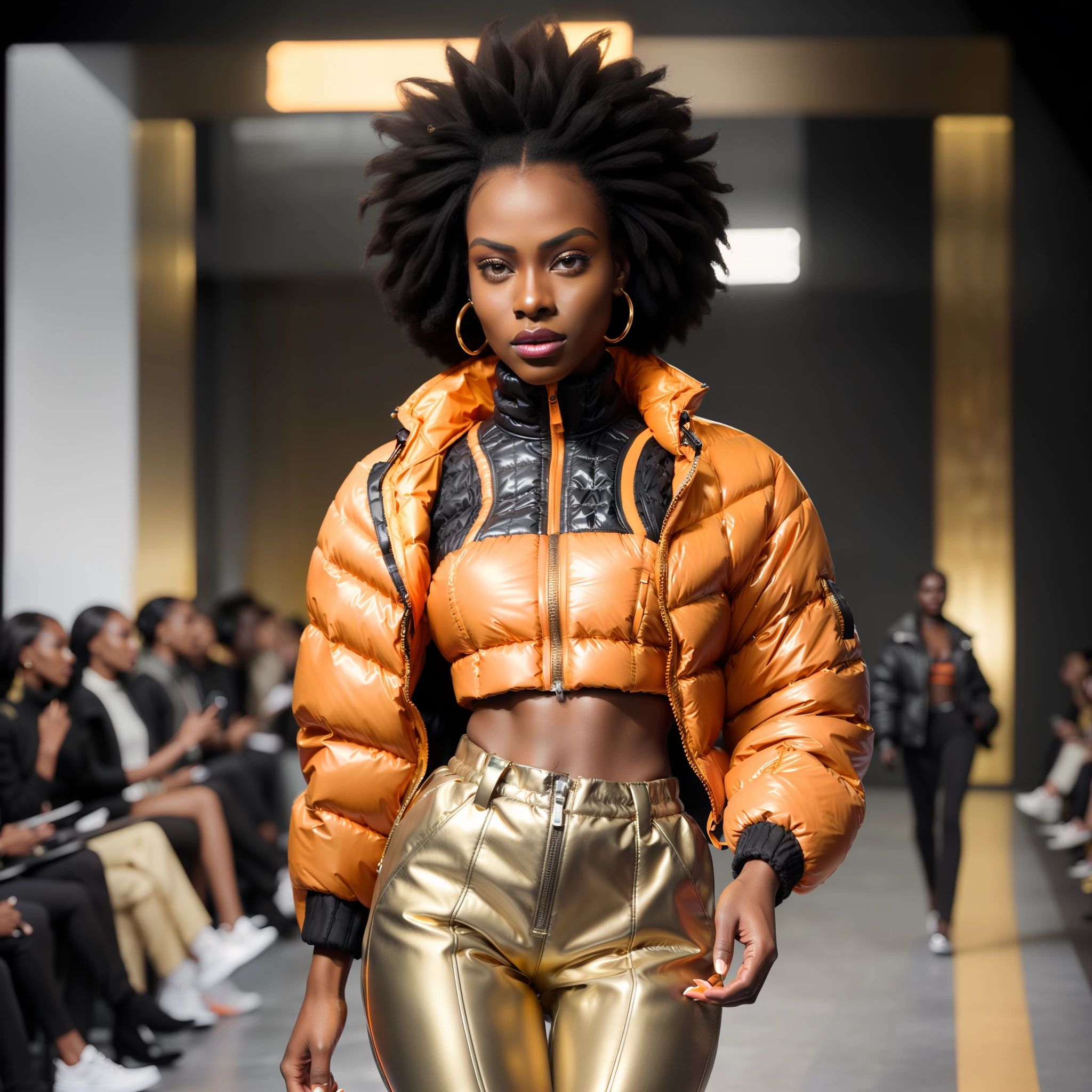 ((( an ultra realistic woman, black skin, parading confidently on the runway))) with perfect Kenyan African facial features, short afro hair, braided, ultra detailed in hd, with nice expression, wearing (((Balenciaga puffer style jacket oversized:1.5 gold ultra definition))) pants, turtleneck shirt , (((orange jacket:1.5, vivid color, neon, reflective))), parading on catwalk, towards the camera, (bring high fashion show atmosphere, perfect audience, ultra realistic) side angle capture, high fashion show, best quality, top quality, image masterpiece, high resolution photography.