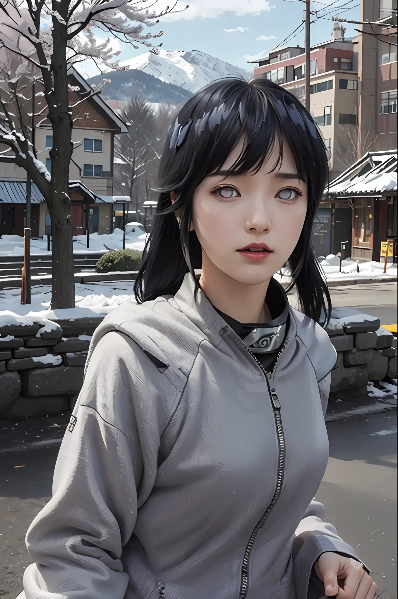 ((A masterpiece)) of ((the best quality)), featuring the beloved character Hinata Hyuga from Naruto with 8K resolution and ultra-detailed elements. Hinata stands gracefully in the center of the picture, her long hair flowing in the breeze and her eyes conveying a sense of gentle strength. She wears her iconic blue and white ninja outfit, complete with her forehead protector and fingerless gloves. In the background, a serene landscape of mountains and cherry blossom trees can be seen, adding to the peaceful atmosphere of the scene. Hinata's expression is one of quiet confidence and determination, perfectly capturing her character. The overall effect is one of delicate beauty and strength, making this a true masterpiece for fans of Hinata and Naruto alike.