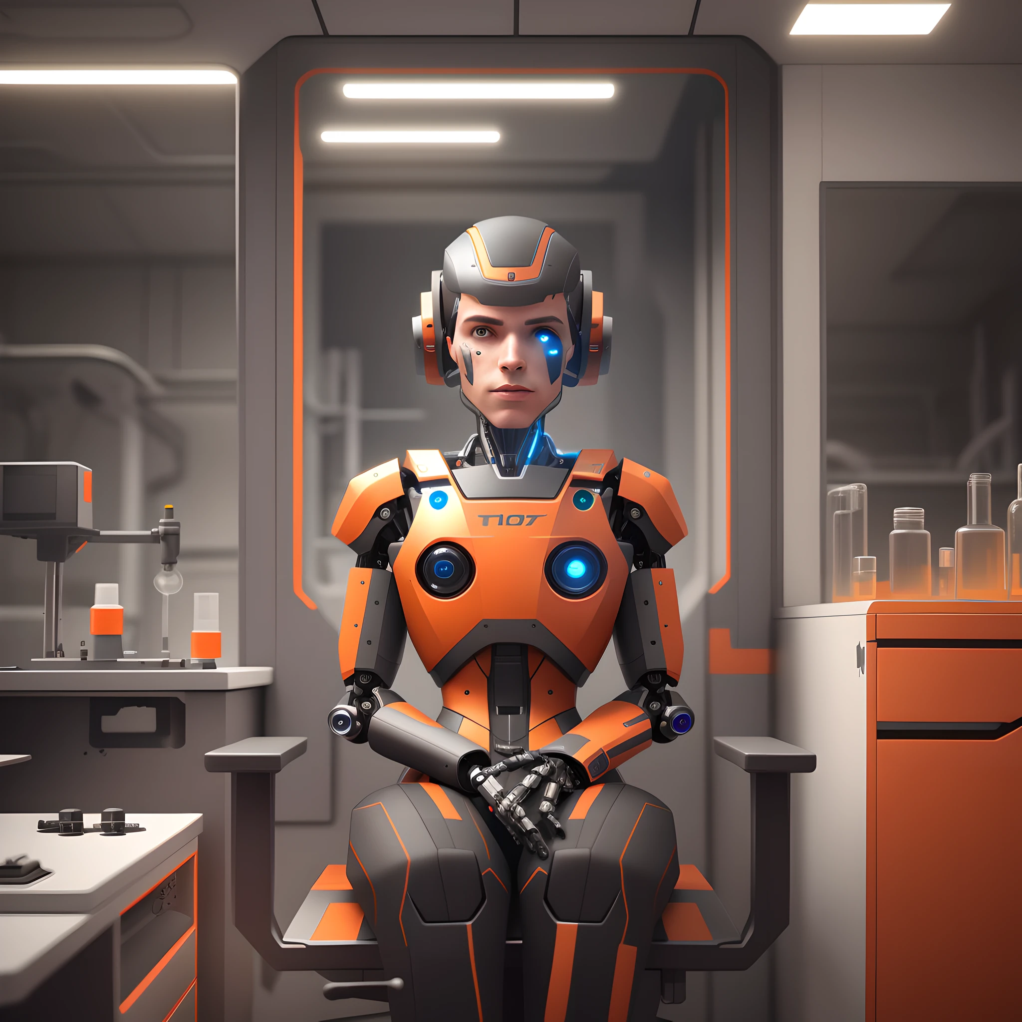 There is a robot sitting in a chair in a science lab, cyborg boy, Sci-Fi Android male, 3D render 8K character art, portrait of a futuristic robot, cinematic Unreal 5, small character. Unreal Engine 5