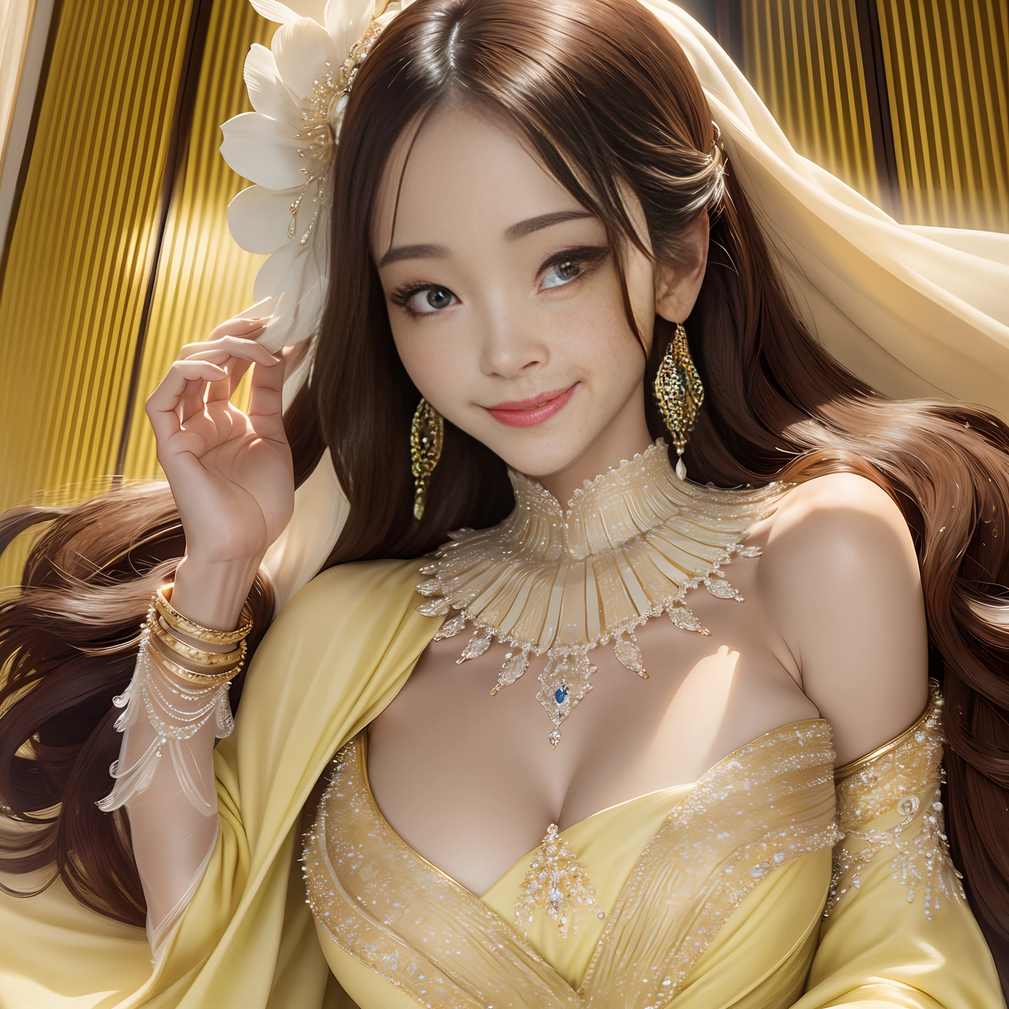 In the center of the scene, Yoona shows her beauty and sensuality in ultra-high-resolution close-ups of focused faces: her big bright eyes sparkle with crystal clear light, her slender eyebrows outline a perfect curve, and her face exudes freshness and purity. Her long black hair is soft and shiny, and the shawl falls down like a waterfall, adding to her goddess temperament. Her rosy lips opened slightly, exuding a charming smile, highlighting her sweetness and charm. She wears a sophisticated fashion gown with carefully selected fabrics that fit her figure, showing her slender curves and elegant posture. A delicate necklace wrapped around her slender neck, encrusted with precious gemstones, emits a dazzling light, adding a touch of magnificence and charm to her. The meticulous details of the garments highlight her fashion taste: a pair of delicate earrings are worn on the earlobes, and the exquisite design and gorgeous jewelry show her elegance and style. She wears a delicate bracelet on her slender wrist, embellished with sparkling diamonds, exuding her elegance and taste. This beautiful girl Yoona, who shows her charming beauty and sensuality in ultra-high-resolution focused facial close-ups, exists like an elegant and gorgeous goddess, exuding irresistible charm and elegance.