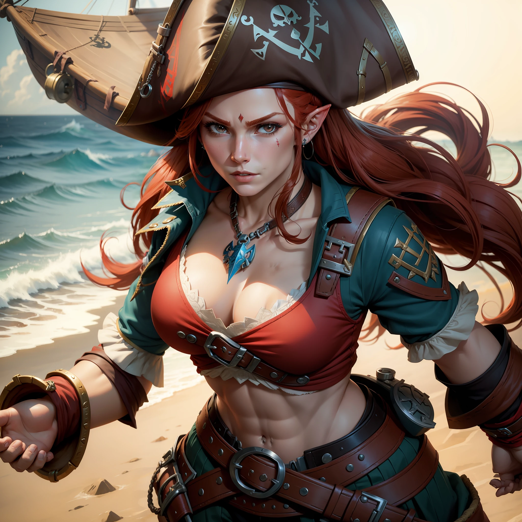Beautiful, muscular red-haired woman, pirate clothes, pirate hat, in the style of Zelda botw,