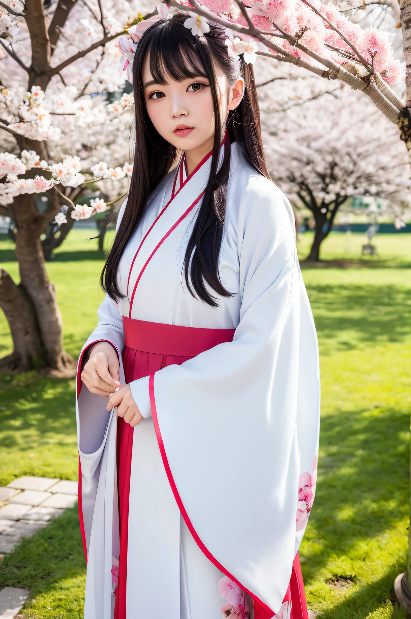Ultra high resolution, best quality, photo, 4k, (fidelity: 1.4), 1girl, hanfu, red, under the cherry blossom tree
