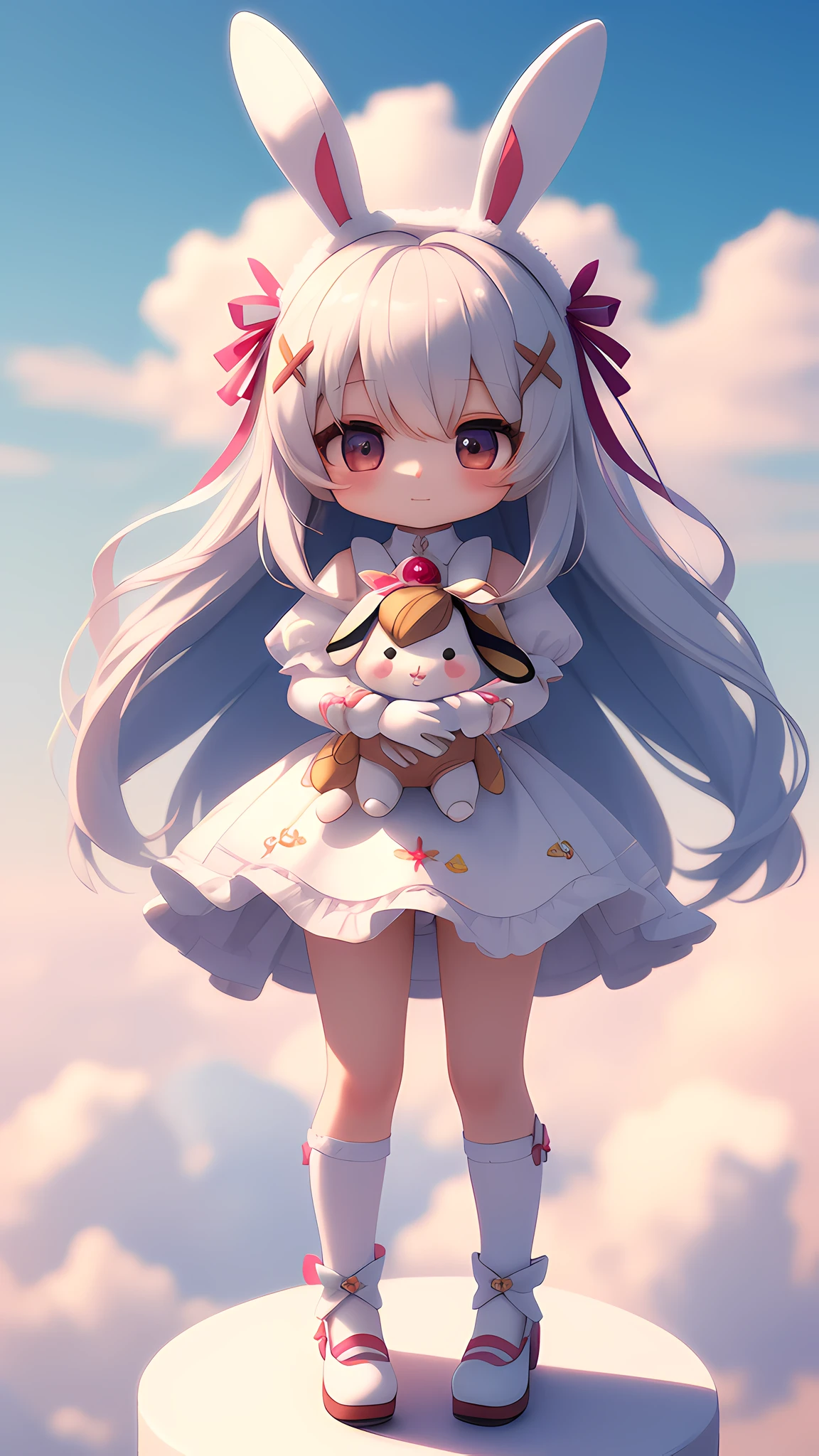 Bunny Morphing Girl, Fluffy, Soft ((Best Quality)), ((Masterpiece)), ( Extreme Detail, Supreme Detail, Official Art, Beauty and Aesthetics: 1.2), Depth of Field, Composition, Full Body, (Chibi), (Beautiful and Detailed Eyes: 1.3), (Very Pleased:1), Background Blurred Colorful Clouds
