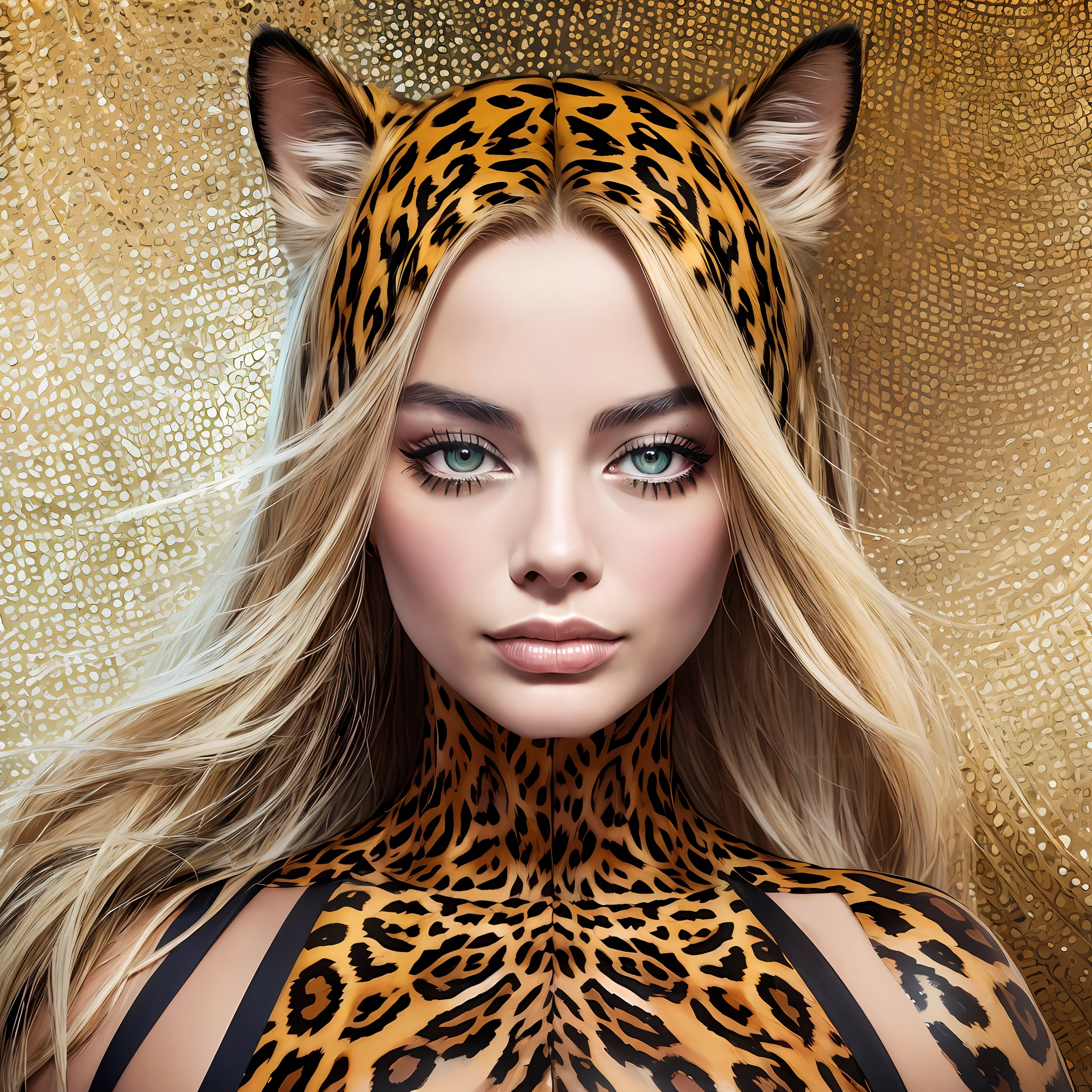 Margot Robbie {woman leopard with a face resembling leopard skin} {texture:woman with a face resembling leopard skin} {wb:woman with a face resembling leopard skin} {adjust the quality of a hyperrealistic woman with a face resembling leopard skin}{acb} --auto --s2