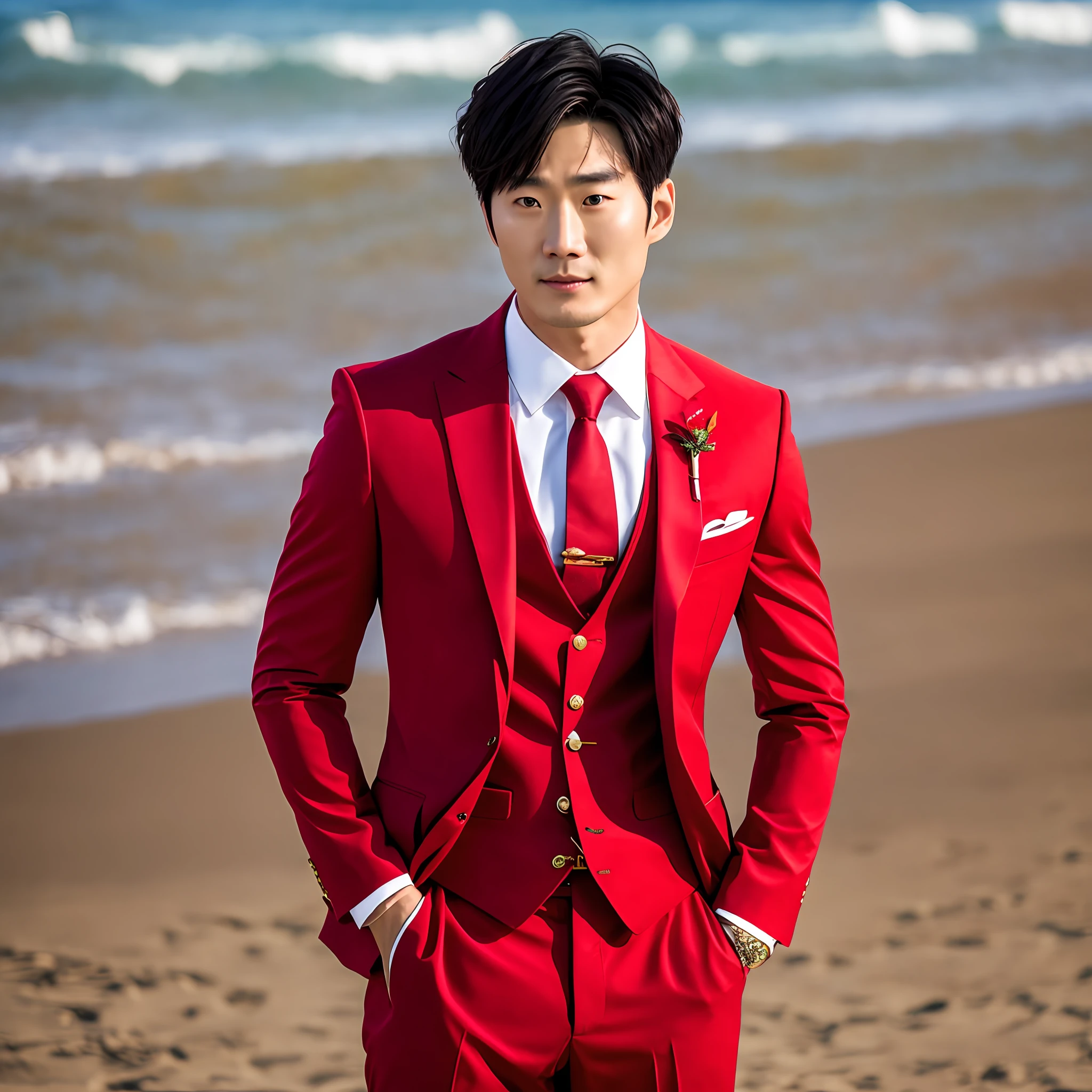 28 year old Korean man wearing red suit.charming.most beautiful man in the world perfect.super realistic.korean drama scene.movie actor. On the beach.