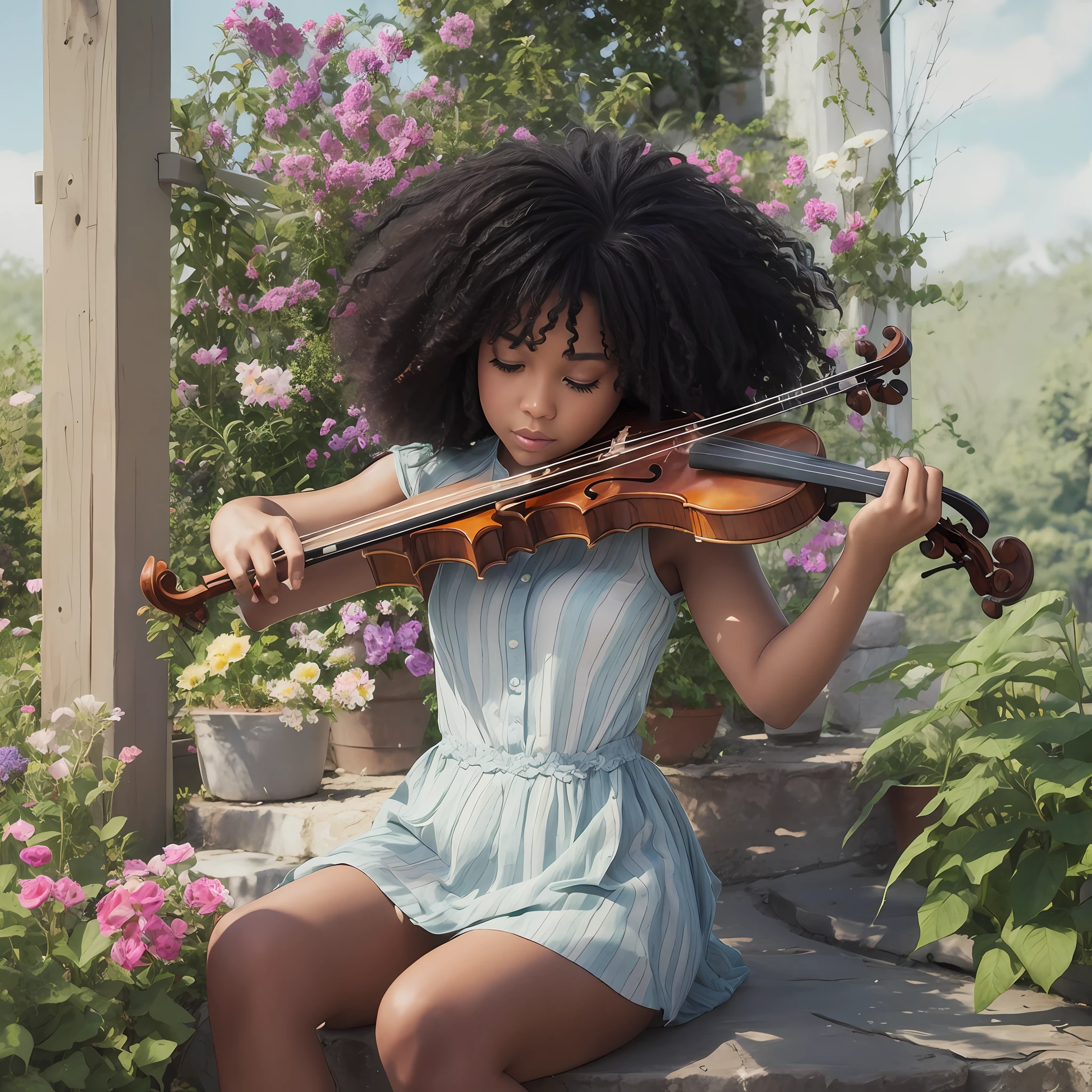 watercolor masterpiece of a black girl with black power hair playing the violin in a garden --auto --s2
