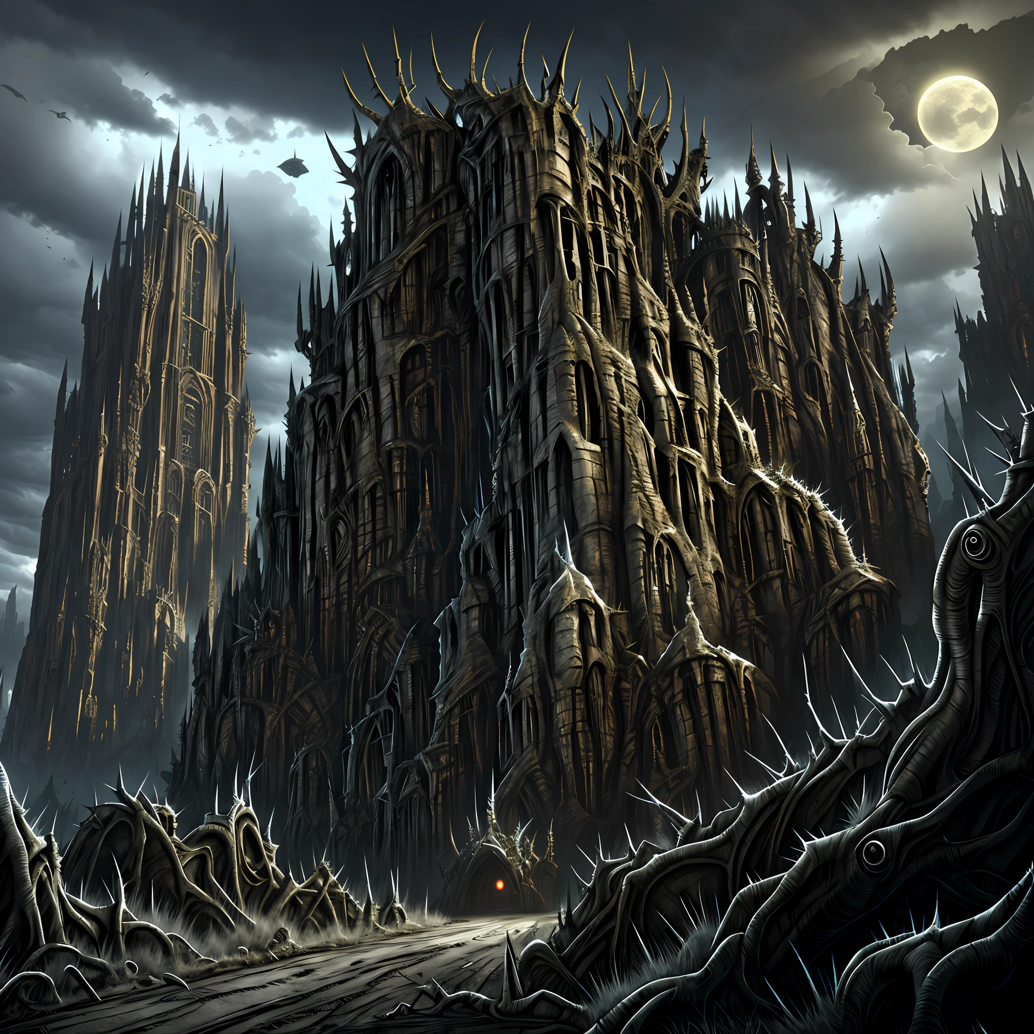 horror art landscape, intricated biomechanical monuments, sculptures of evil creatures, dark valley, dramatic cloudy sky, beings from the 4th dimension, spiked walls, madness, thorns, artstation, uhd, unreal engine, line art drawing style.