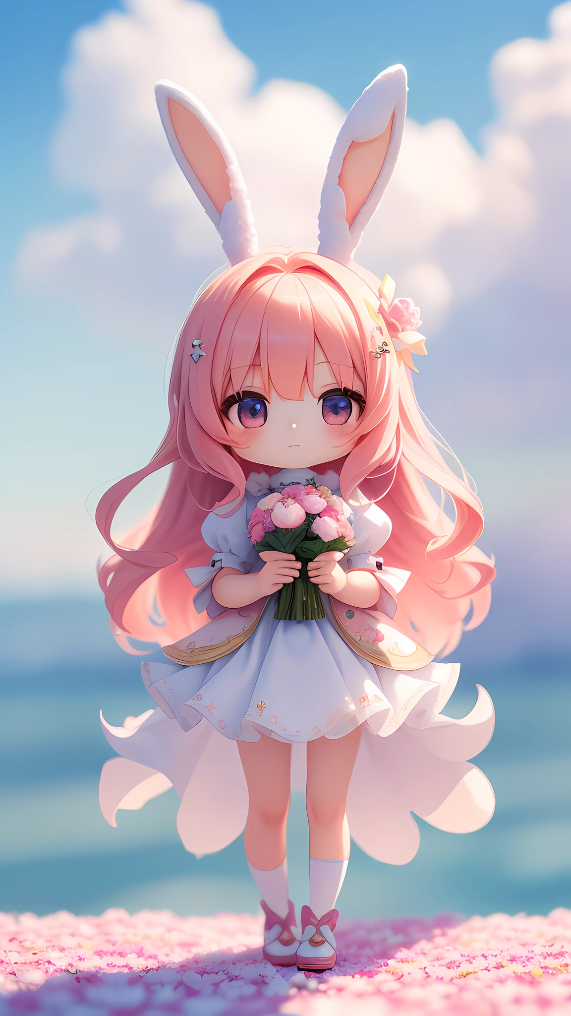 Bunny Morphing Girl, Fluffy, Soft ((Best Quality)), ((Masterpiece)), ( Extreme Detail, Supreme Detail, Official Art, Beauty and Aesthetics: 1.2), Depth of Field, Composition, Full Body, (Chibi), (Beautiful and Detailed Eyes: 1.3), (Very Pleased:1), Background Blurred Colorful Clouds