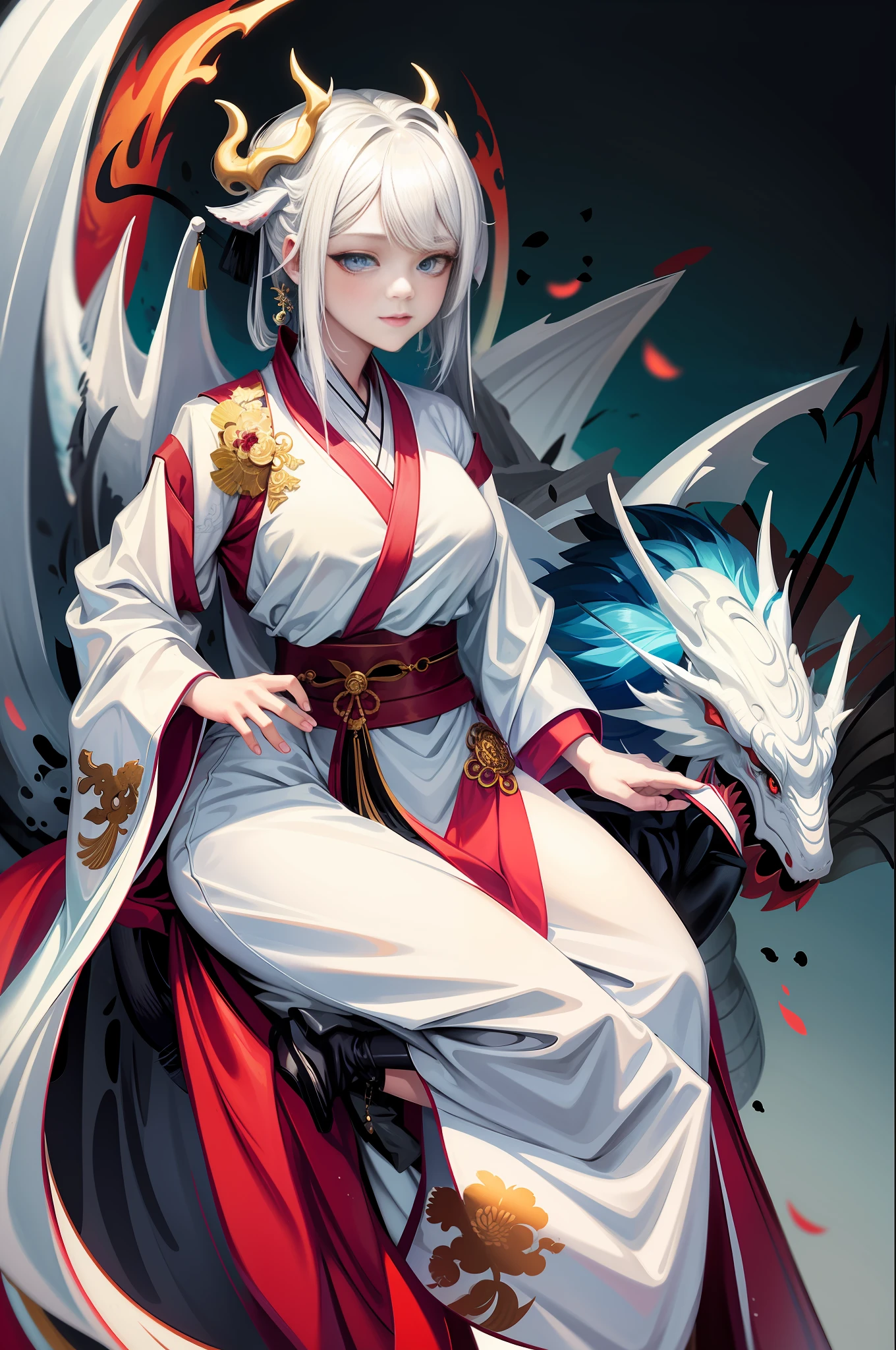 anime character sitting on a rock with a dragon in the background, white haired deity, dragon girl, flowing white robes, zerochan art, demon slayer rui fanart, at pixiv, dragon in the background, trending on artstation pixiv, pixiv, rossdraws sakimimichan, onmyoji detailed art, the dragon girl portrait, by Shitao