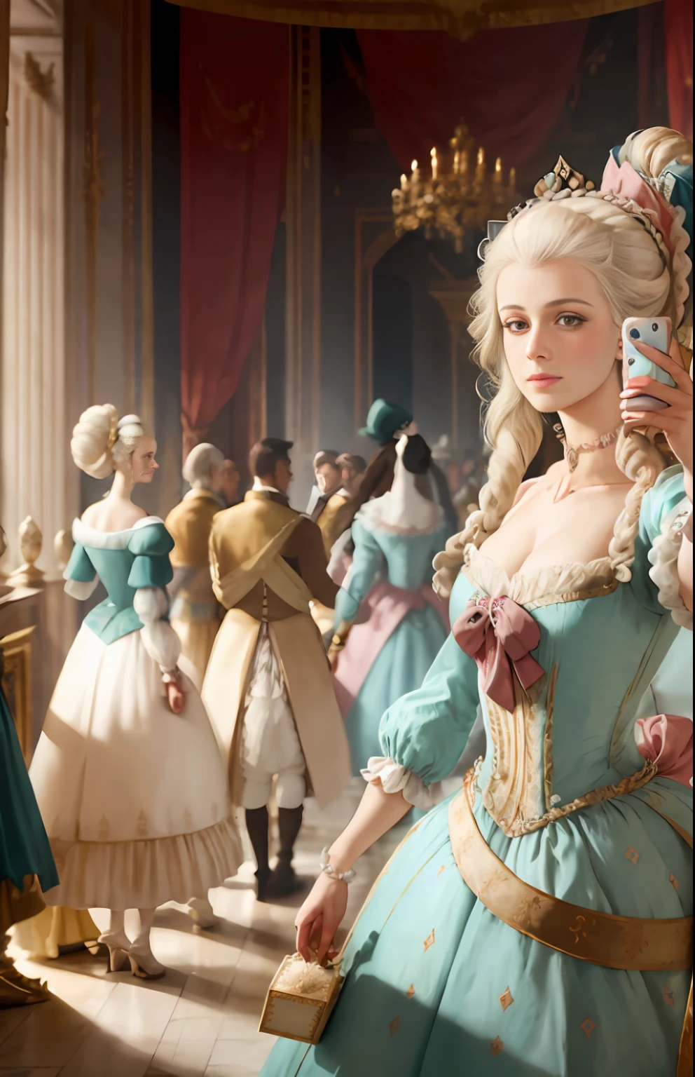 A selfie of Marie Antoinette walking in the Palace of Versailles in 1774, with the French queen surrounded by her courtiers and wearing a beautiful dress and a powdered wig.-upscale -ar 9:16 --auto --s2