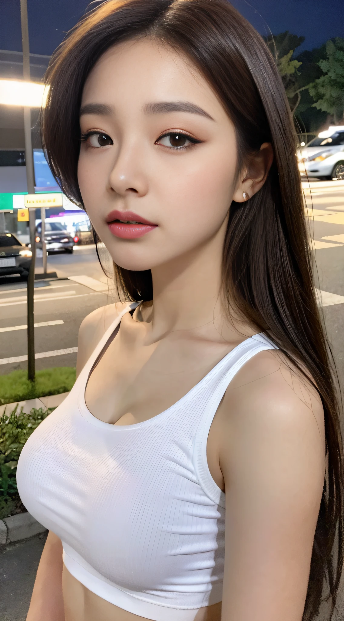 ((Realistic lighting, Best quality, 8K, Masterpiece: 1.3)), Clear focus: 1.2, 1girl, Perfect beauty: 1.4, : 1.2, Slim abs: 1.1, ((dark brown hair)), (White crop top: 1.4), (Outdoor, night: 1.1), City streets, Super fine face, fine eyes, Double eyelids,