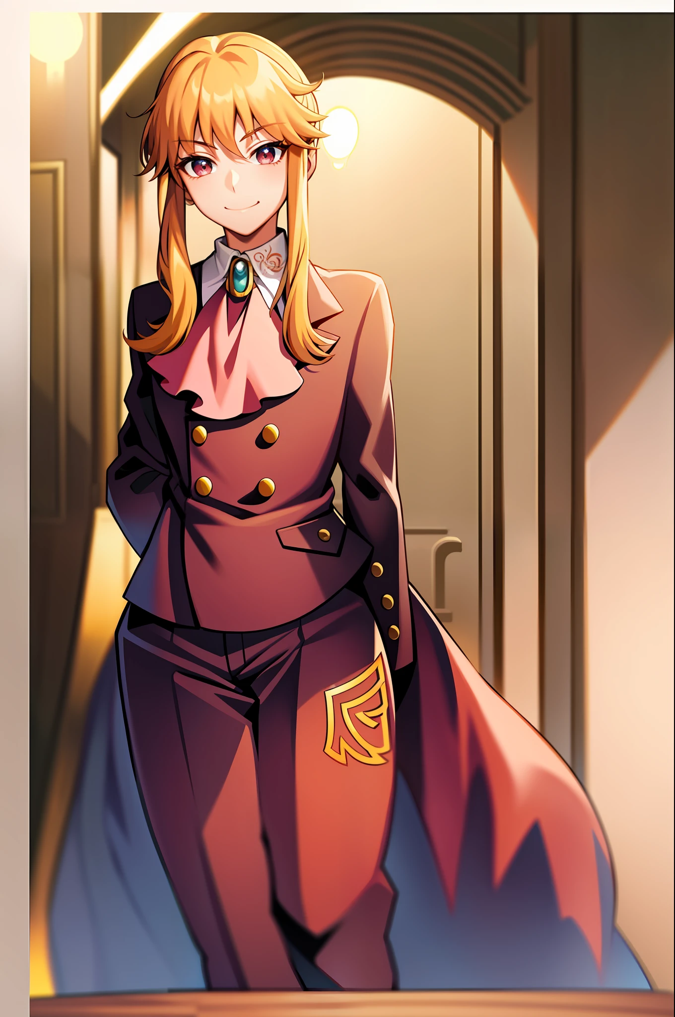 (masterpiece, best quality:1.2), cowboy shot, solo, male focus, 1boy, ushiromiya lion, androgynous, smile, closed mouth, looking at viewer, arms at side, ponytail, formal, suit, ascot, anime style