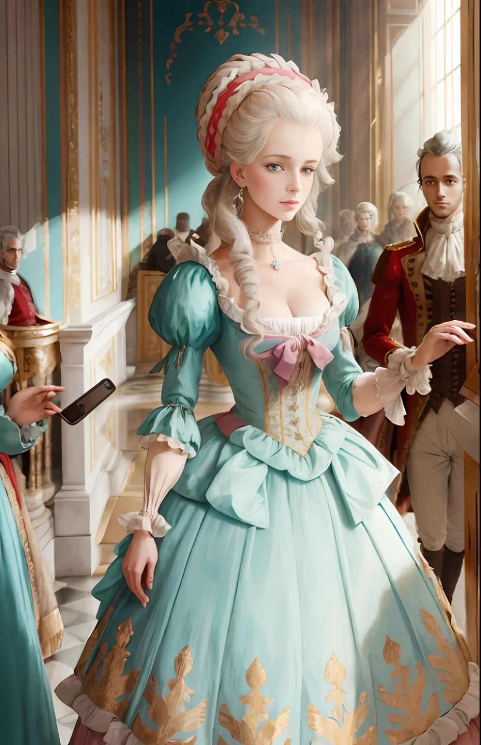 A selfie of Marie Antoinette walking in the Palace of Versailles in 1774, with the French queen surrounded by her courtiers and wearing a beautiful dress and a powdered wig.-upscale -ar 9:16 --auto --s2