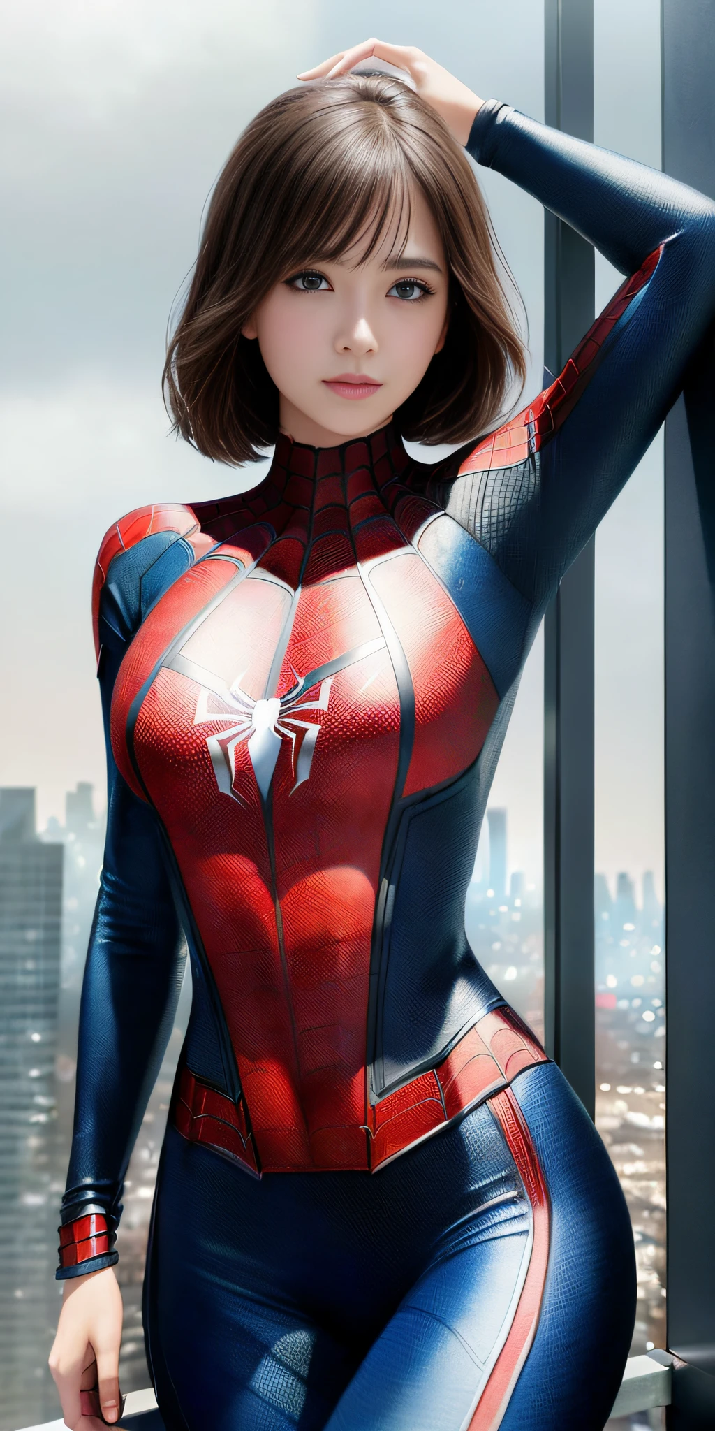 (1girl:1.3), Solo, (((Very detailed face)))), ((Very detailed eyes and face)))), Beautiful detail eyes, Body parts__, Official art, Unified 8k wallpaper, Super detailed, beautiful and beautiful, beautiful, masterpiece, best quality, original, masterpiece, super fine photo, best quality, super high resolution, realistic realism, sunlight, full body portrait, amazing beauty, dynamic pose, delicate face, vibrant eyes, (from the front), She wears Spider-Man suit, red and black color scheme, spider, very detailed city roof background, rooftop, overlooking the city, detailed face, detailed complex busy background, messy, gorgeous, milky white, highly detailed skin, realistic skin details, visible pores, clear focus, volumetric fog, 8k uhd, DSLR, high quality, film grain, fair skin, photo realism, lomography, futuristic dystopian megalopolis, translucent