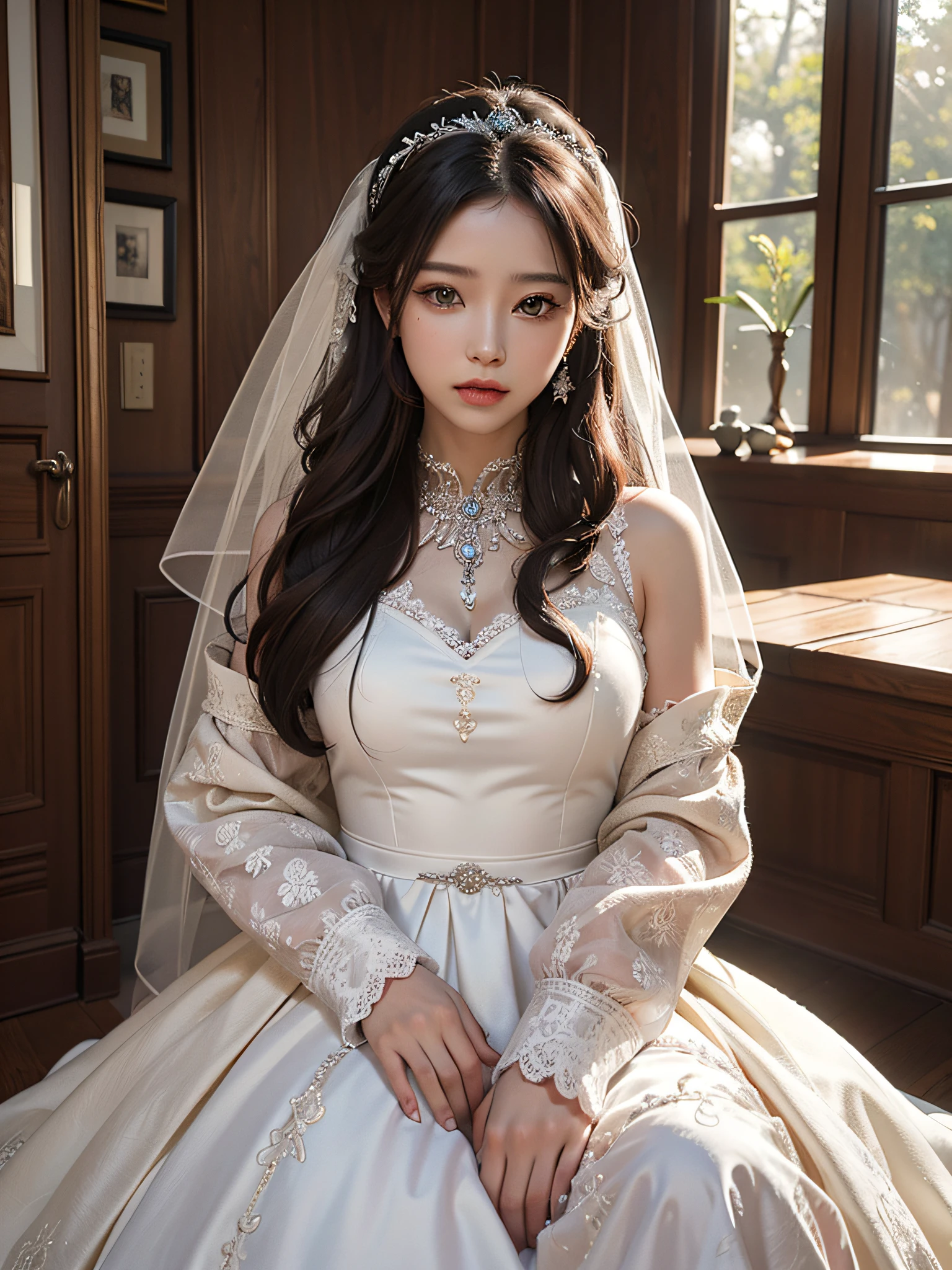 Ultra realistic 8K masterpiece, intricate details, top quality, 1 girl, long hair, eye highlights, sharp eyes, wedding_dress,