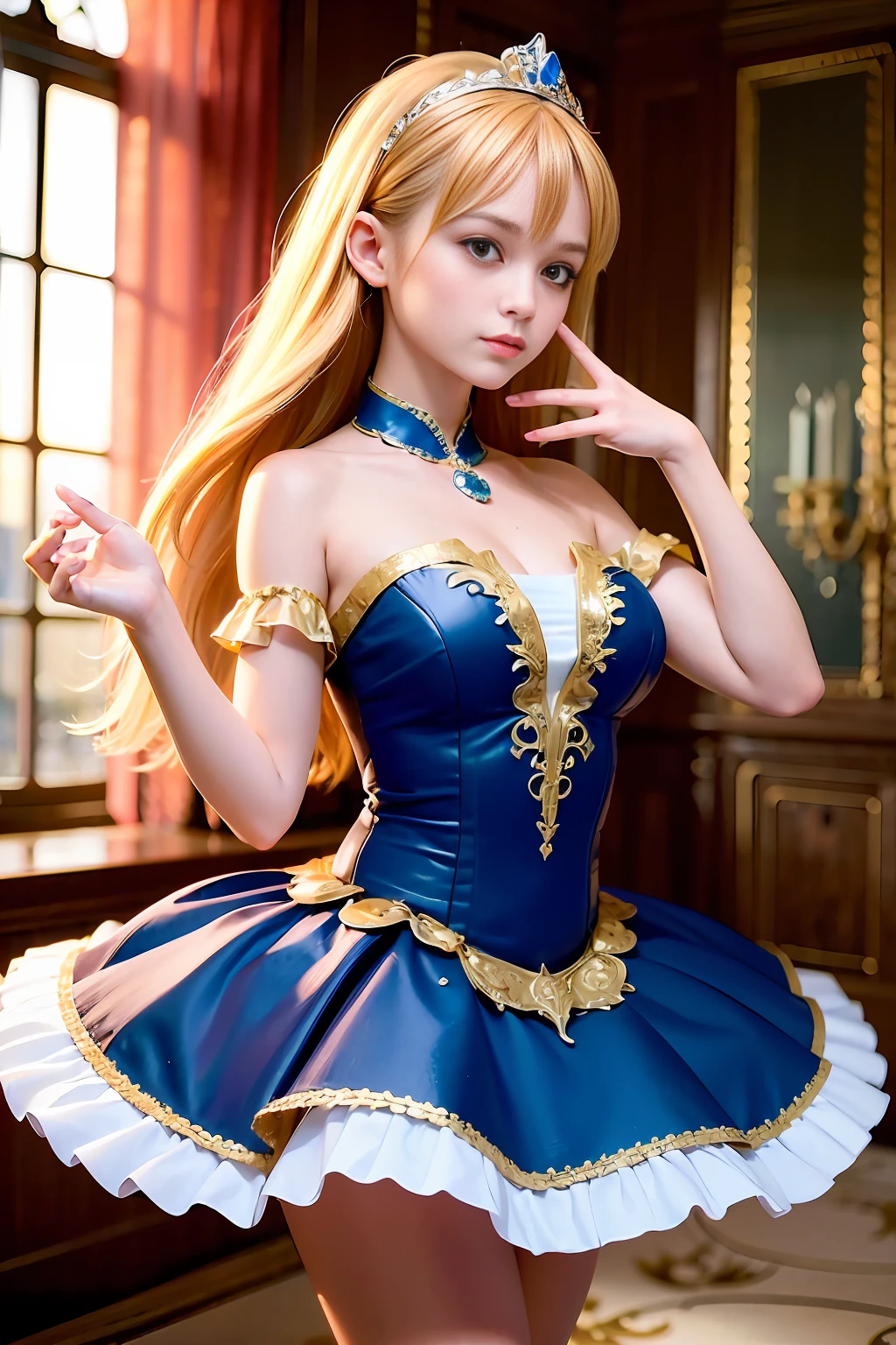 (best quality, 8k, 32k, masterpiece, uhd:1.2), (RAW photo), (realistic:1.15), (photorealistic:1.15), (absurdres, high resolution), (ultra detailed), (huge filesize:1.2), 1girl, (:0.5), cute, extremely detailed beautiful face & eyes, cleavage, small face, thin waist, thin thighs, slender body, (cowboy shot:1.15), (sweaty:1.22), bare legs, classical tutu, sapphire tutu, (princess tiara:0.8), Primaballerina_tutu, russian, classical tutu, rooftop bar, sunset,