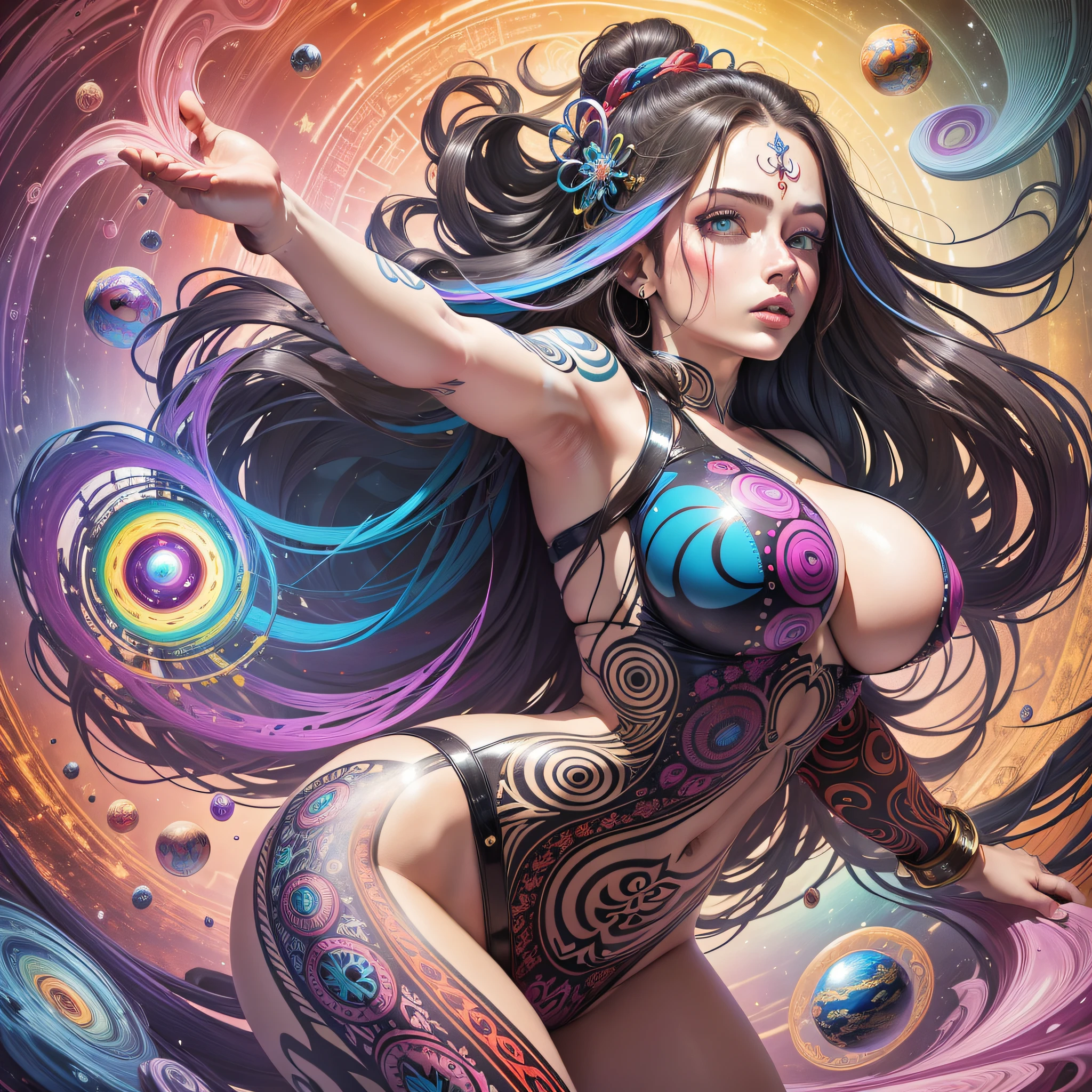 ((Best quality, 8k, Masterpiece :1.3)), 1girl, beautiful woman: 1.3, full body, showing ass, (long hair, big breasts: 1.2), oversized regatta: 1.2, full-body side woman, saturated colors, psychedelic image, LSD, mandala, fractral, costume, tattoo, painted body, bride, body tilted forward, art similar to Alex Grey's art, lots of color saturation, woman, vortex, ultra realistic, planet earth, melting, galax