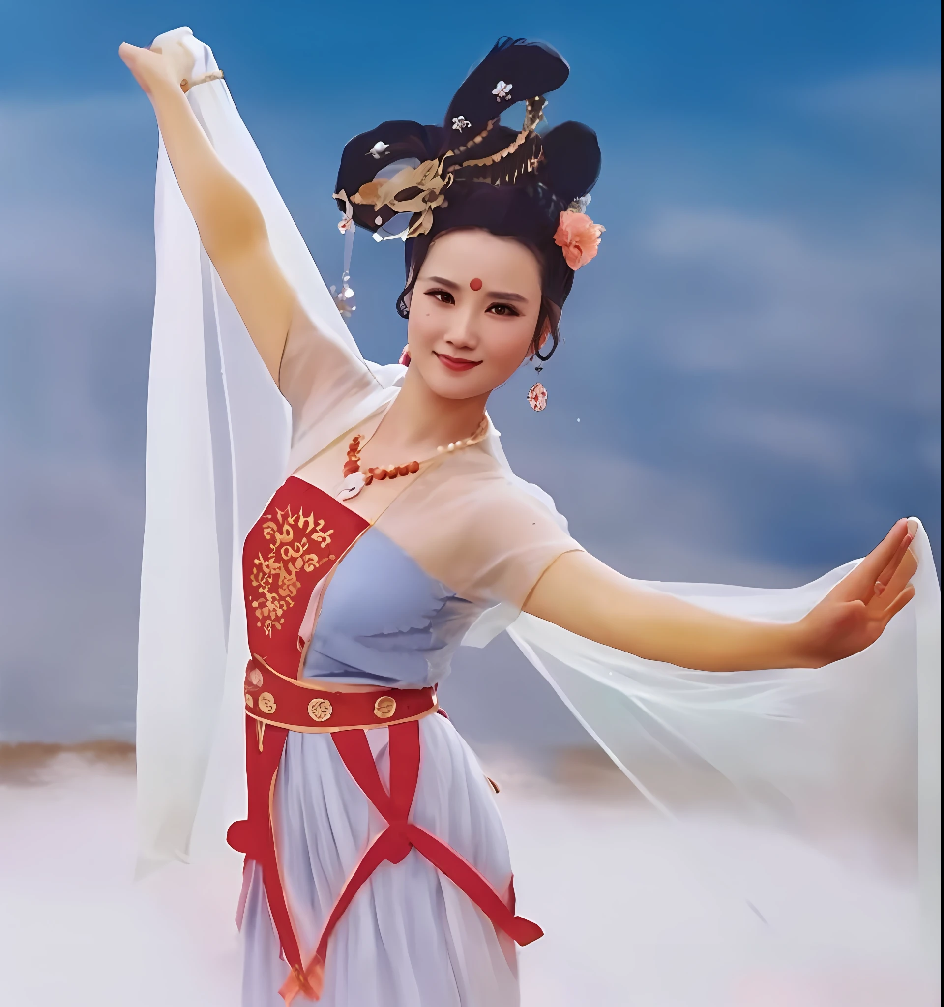 there is a woman in a dress that is dancing with her arms outstretched, yun ling, inspired by Li Mei-shu, queen of the sea mu yanling, inspired by Lan Ying, inspired by Pu Hua, ancient chinese beauties, by Liao Chi-chun, wearing ancient chinese clothes, chinese ribbon dance, style of guo hua, traditional chinese clothing