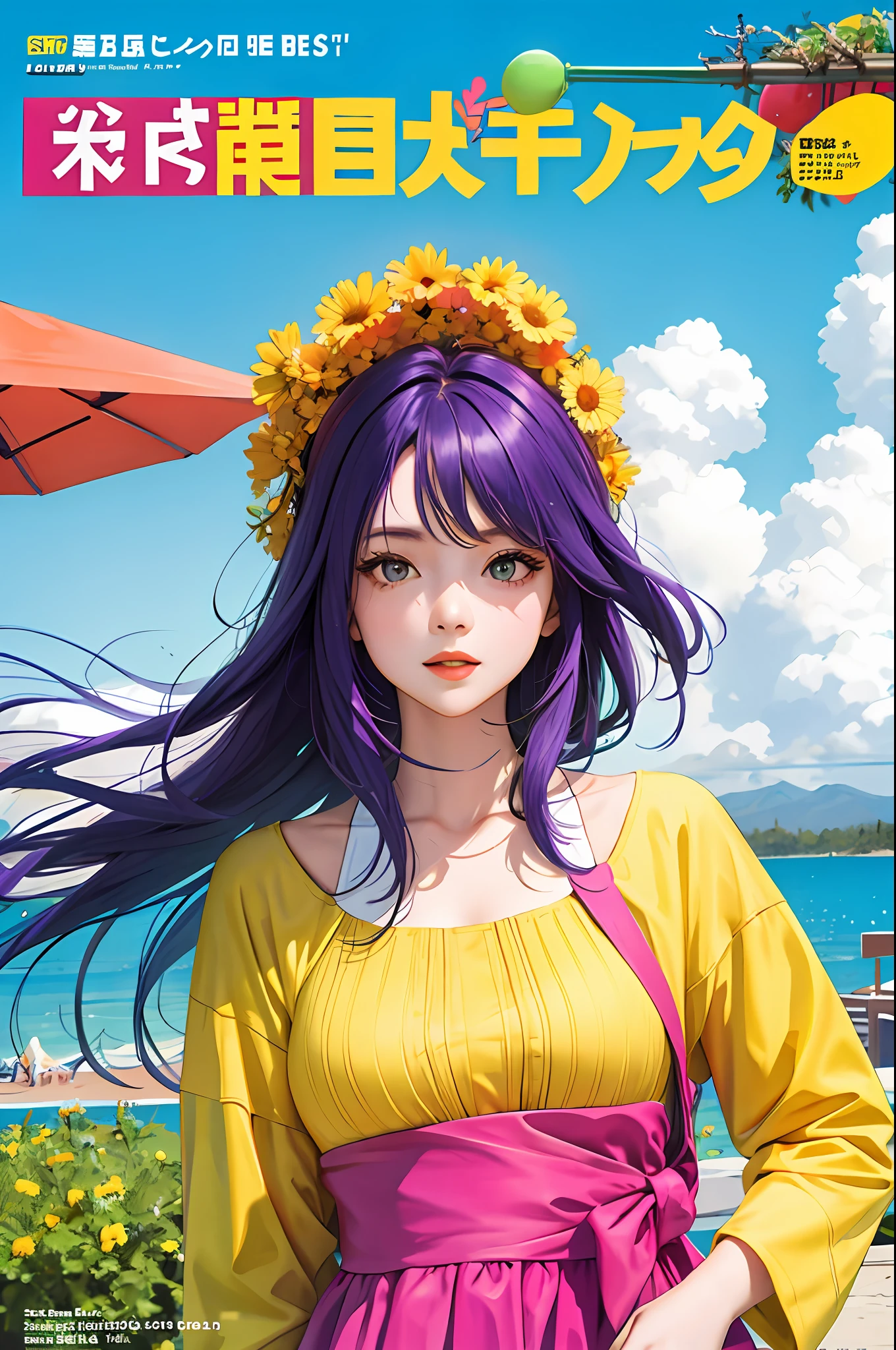 masterpiece, best quality, spring outfit, colorful hair, outdoor, magazine cover ,upper body,