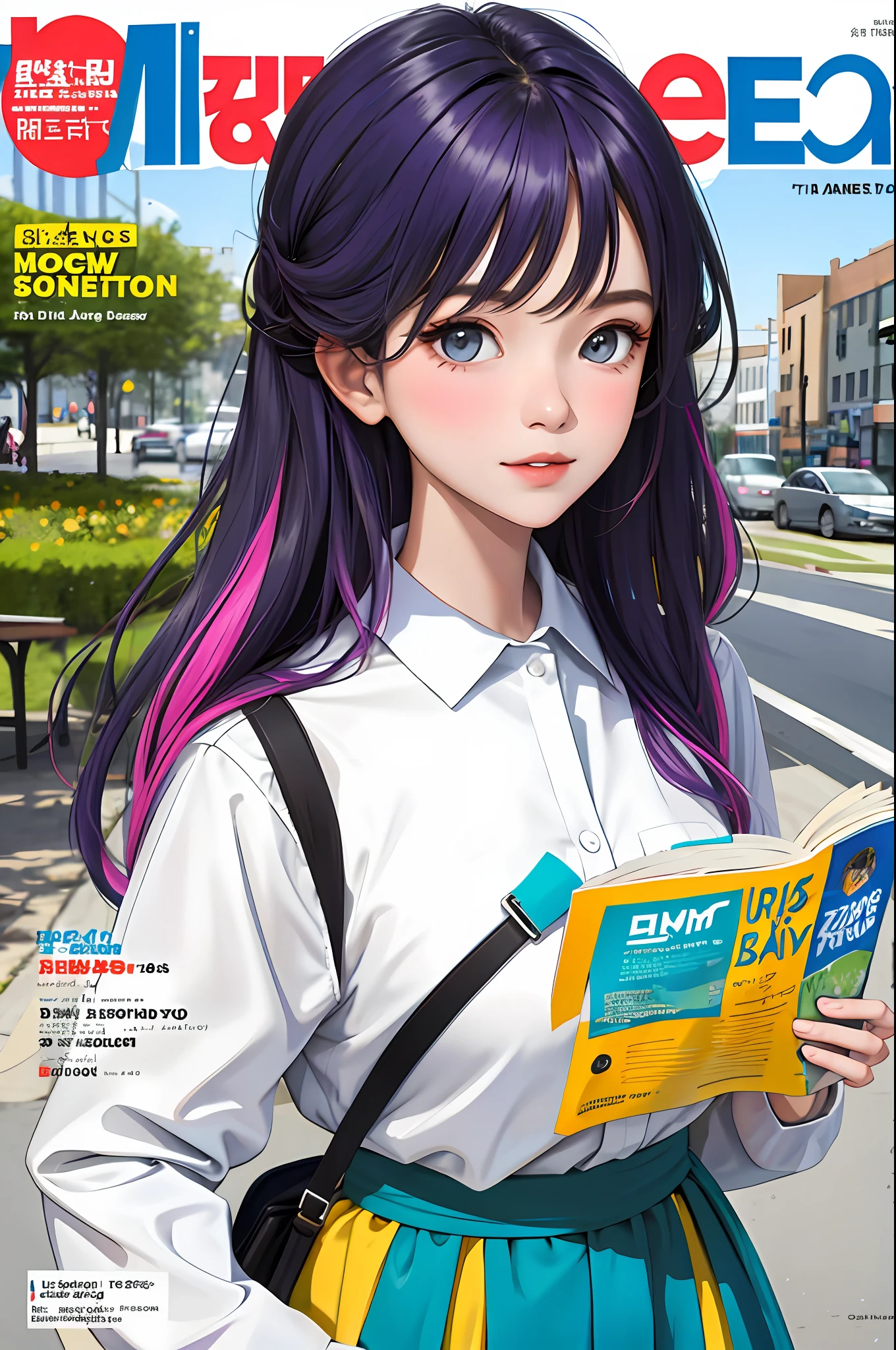 masterpiece, best quality, spring outfit, colorful hair, outdoor, magazine cover ,upper body,