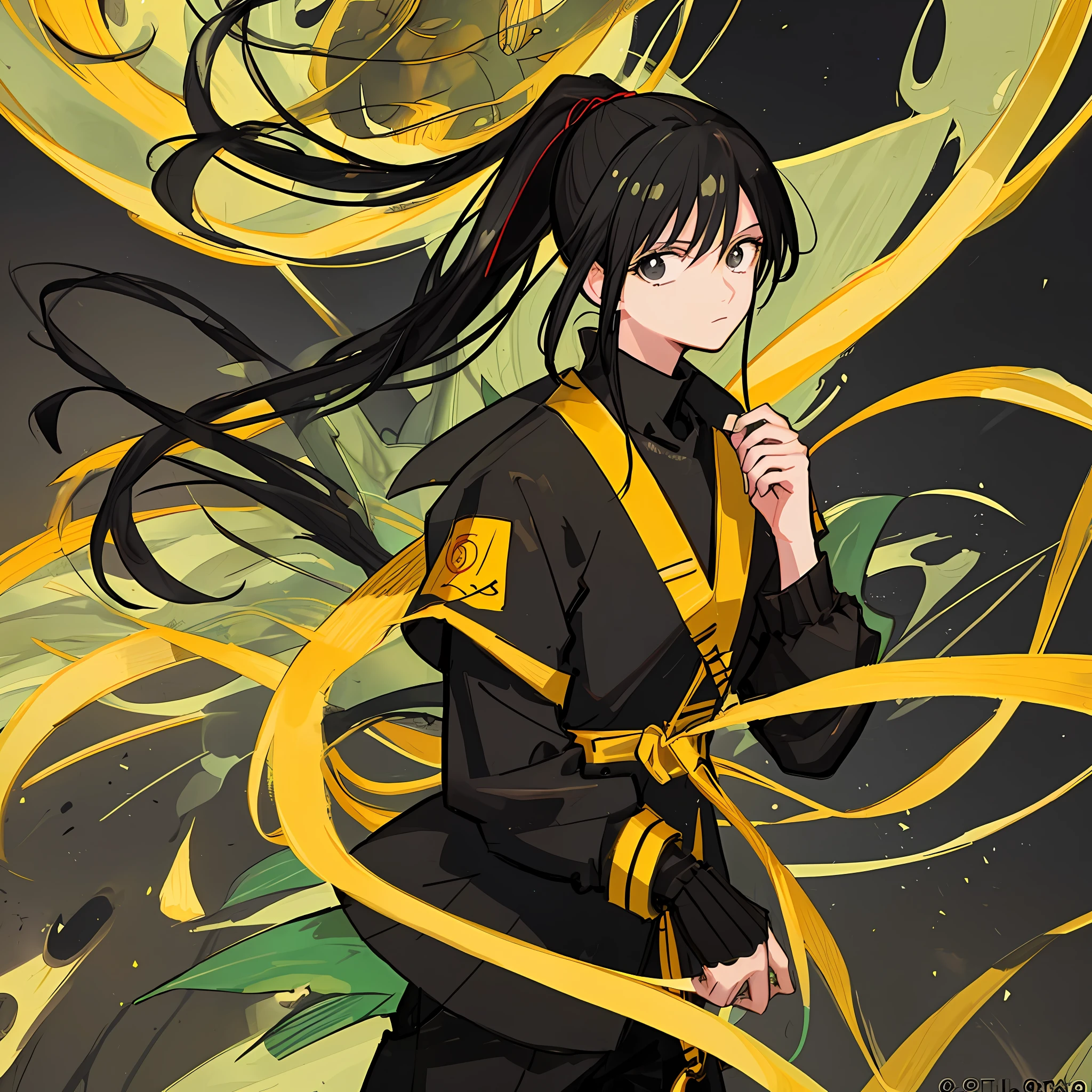 (Masterpiece), (Best Quality), (Super Detail),(Illustration), 1 Woman, Black Hair, Ponytail Hair, Black Clothing, by Yoshihiro Togashi, Manipulating Black Shadows.