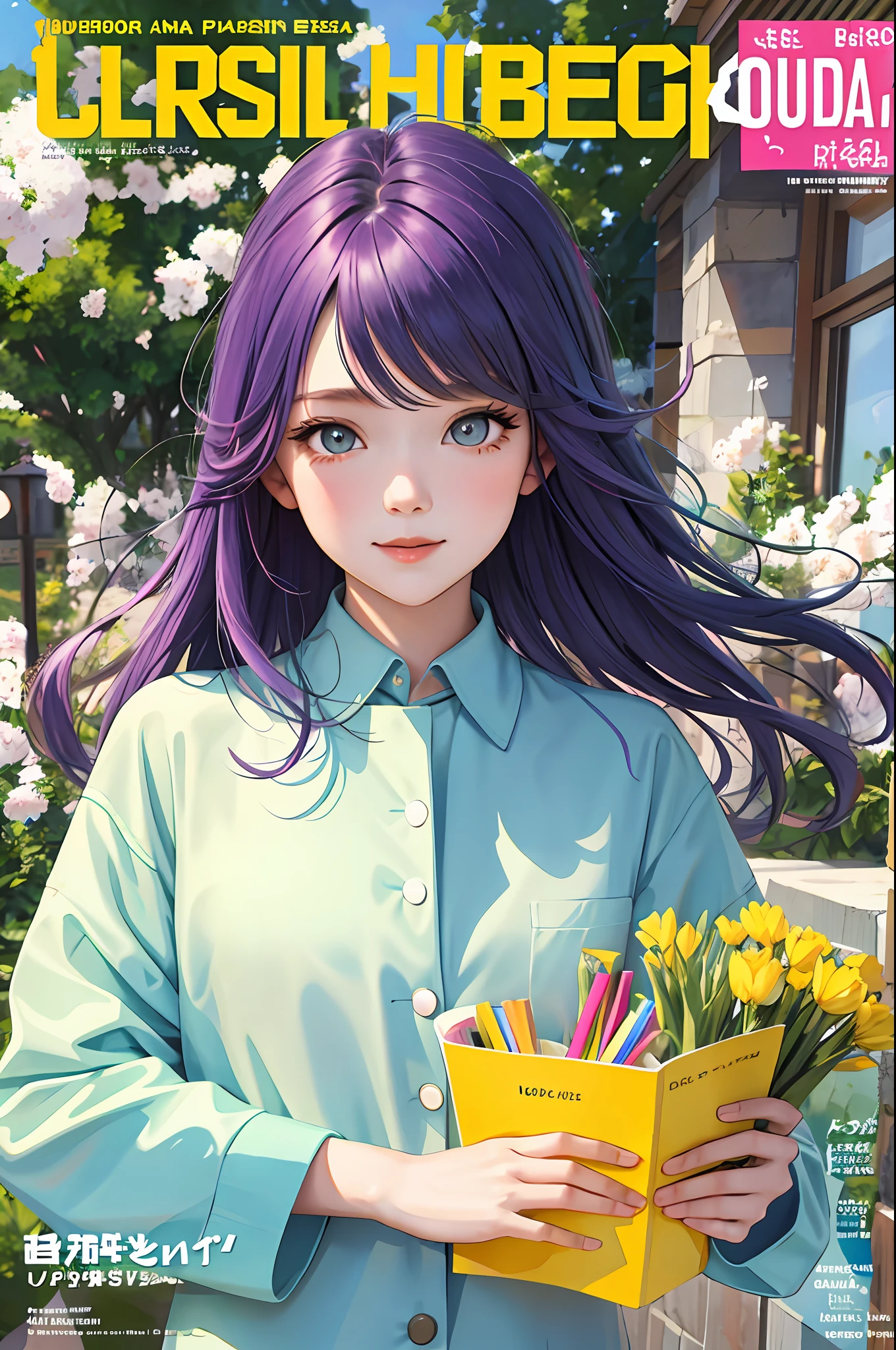 masterpiece, best quality, spring outfit, colorful hair, outdoor, magazine cover ,upper body,