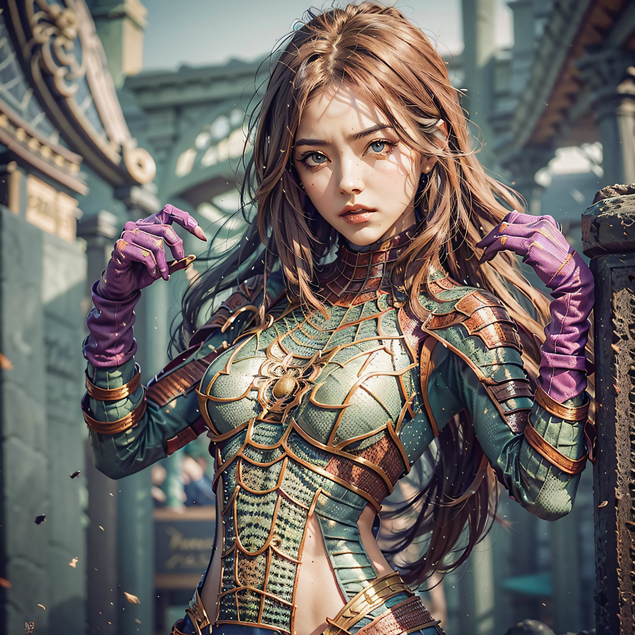 Beautiful woman BRUNETTE detailed defined body using spider man cosplay, TOTALLY LILAC COLORED CLOTHING, small breasts, WELL DEFINED GREEN EYES --auto --s2