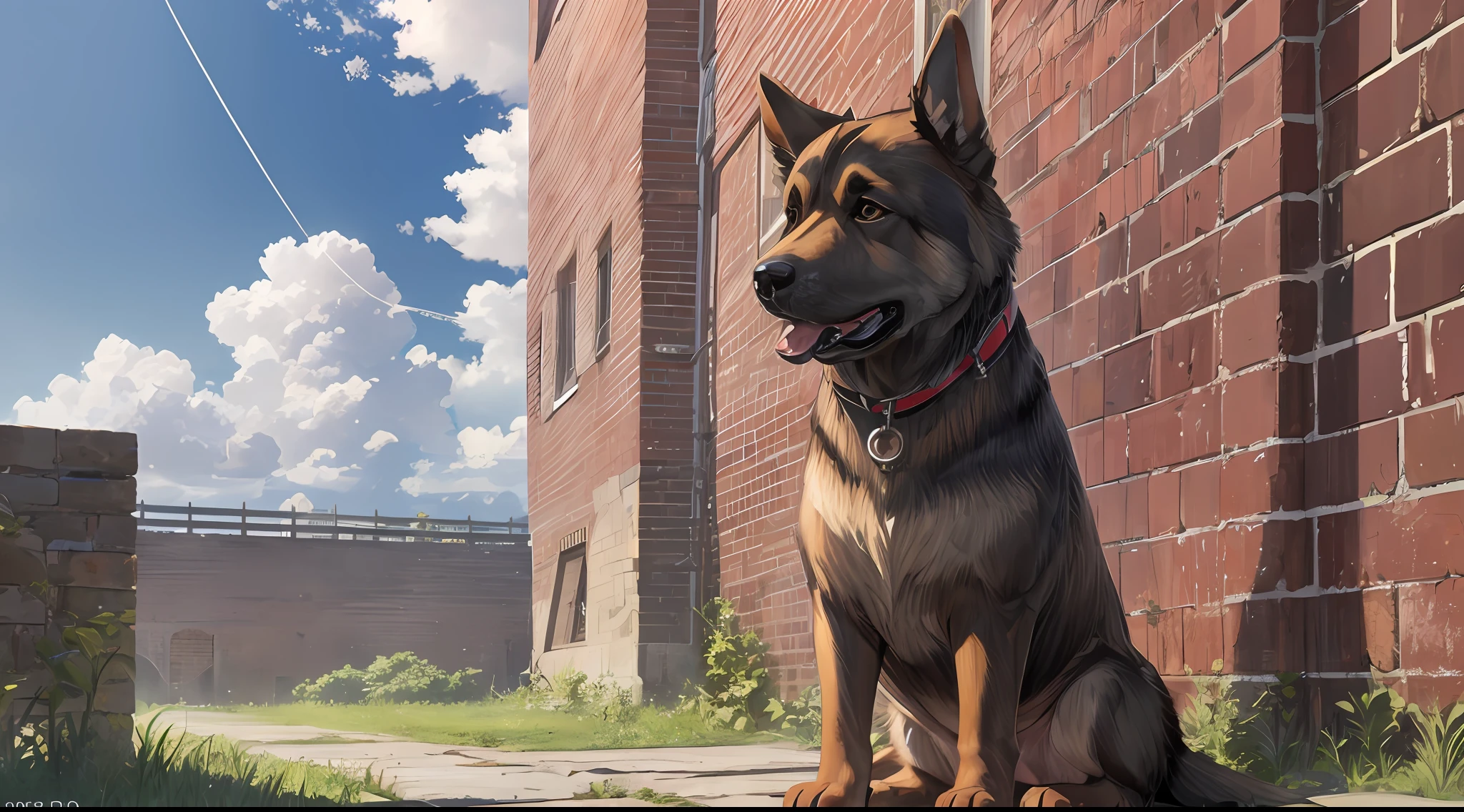masterpiece, bset quality, (realistic:1.4), (8k, best quality), German shepherd dog, brick wall, dark floor, blue sky, white clouds --auto --s2