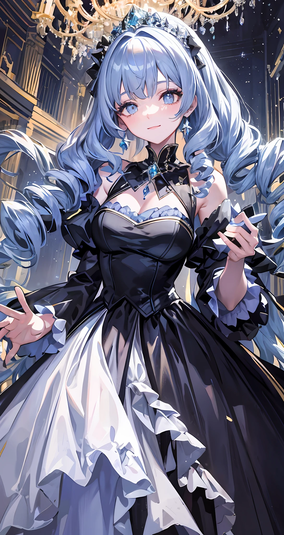 Dramatic composition, court-style dresses, royal, gorgeous, cascading frills, ruffles, bows, crystal chandeliers, Roman curly hairstyles, ponet, double ponytails like drills, look at the camera, bangs, maximalism, palatial background, delicate portrayal of hair and eyes, princess dresses, gorgeous skirts, flowers in hand, smiles, starry eyes, cinematic light, extreme detail, high definition, happy girl, very long hair, diamonds, broken diamonds, crystal fragments, light particles