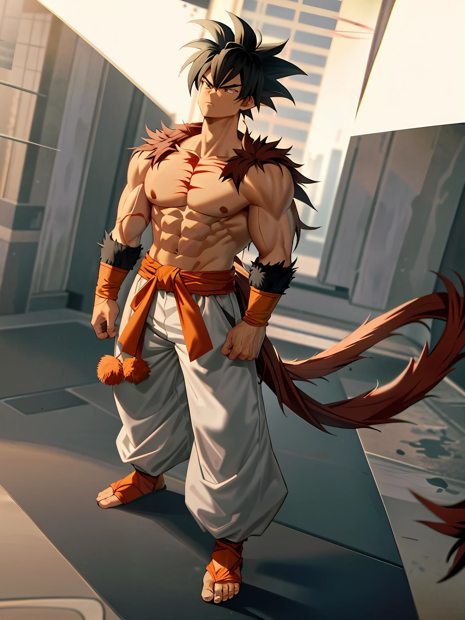 son goku, 1boy, arms at sides, artist name, baggy pants, biceps, black hair, blood, blood from mouth, blue sash, blue wristband, blurry, blurry background, body fur, closed mouth, collarbone, frown, long hair, looking away, looking to the side, male focus, monkey tail, muscular, muscular male, pants, pectorals, red fur, sash, scratches, serious, simple background, solo, spiked hair, standing, super saiyan, super saiyan 4, tail, torn clothes, twitter username, v-shaped eyebrows, wristband, yellow eyes, yellow pants, ((masterpiece))