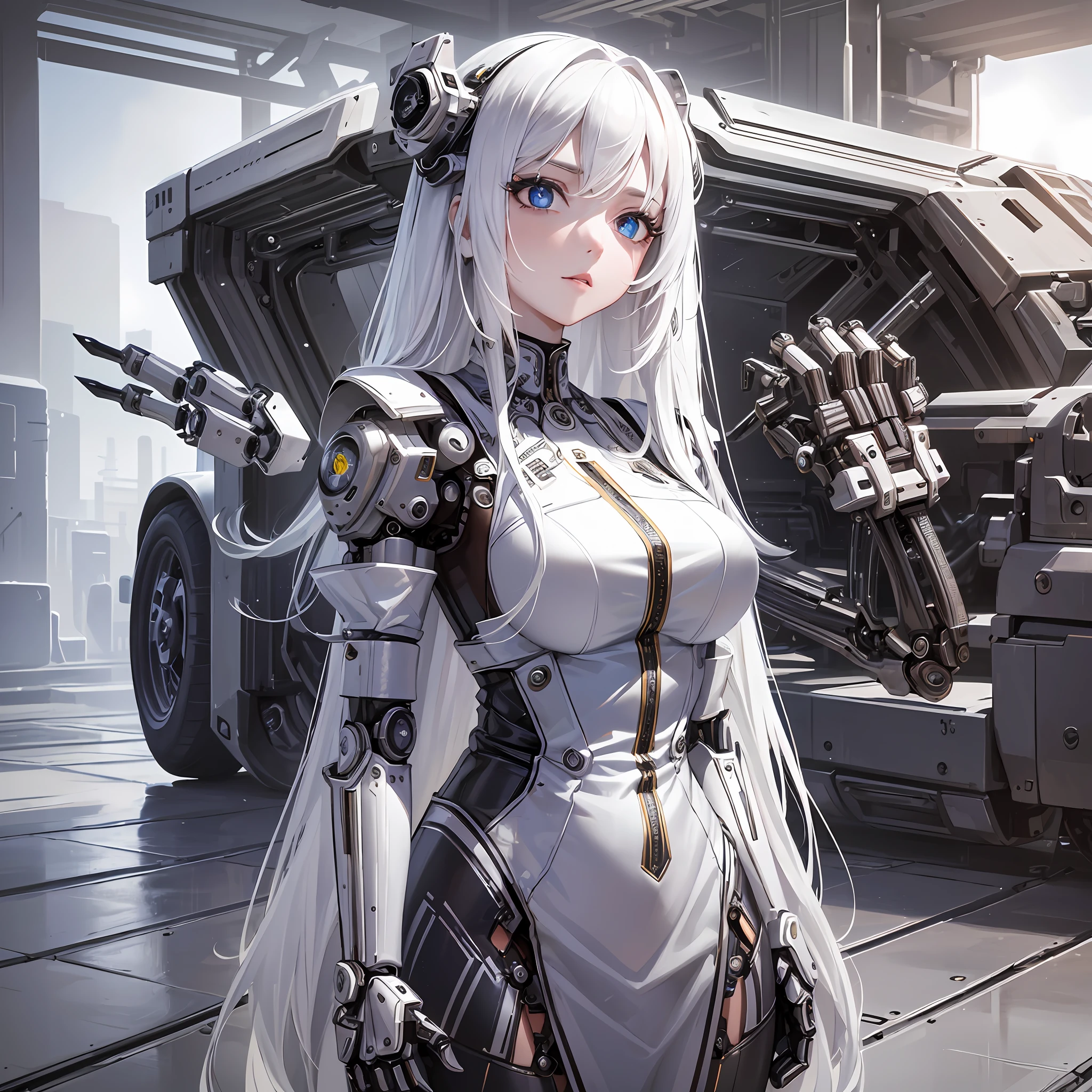 (masterpiece:0.8), (artwork:0.7), (best quality:1.4), (best desinger:1.1), (best performance:1:1), (perfectly designed eyes:1.2), (eye details:0.8),(1girl:1.3), (long white hair:1.2), white skin, wearing cybernetic dress (technological:0.7), car workshop backdrop, (indirect natural lighting dramatic:0.5), (mechanical arms:1.4) electronic (metal) , ((five fingers on hands: 1.44))0.6]