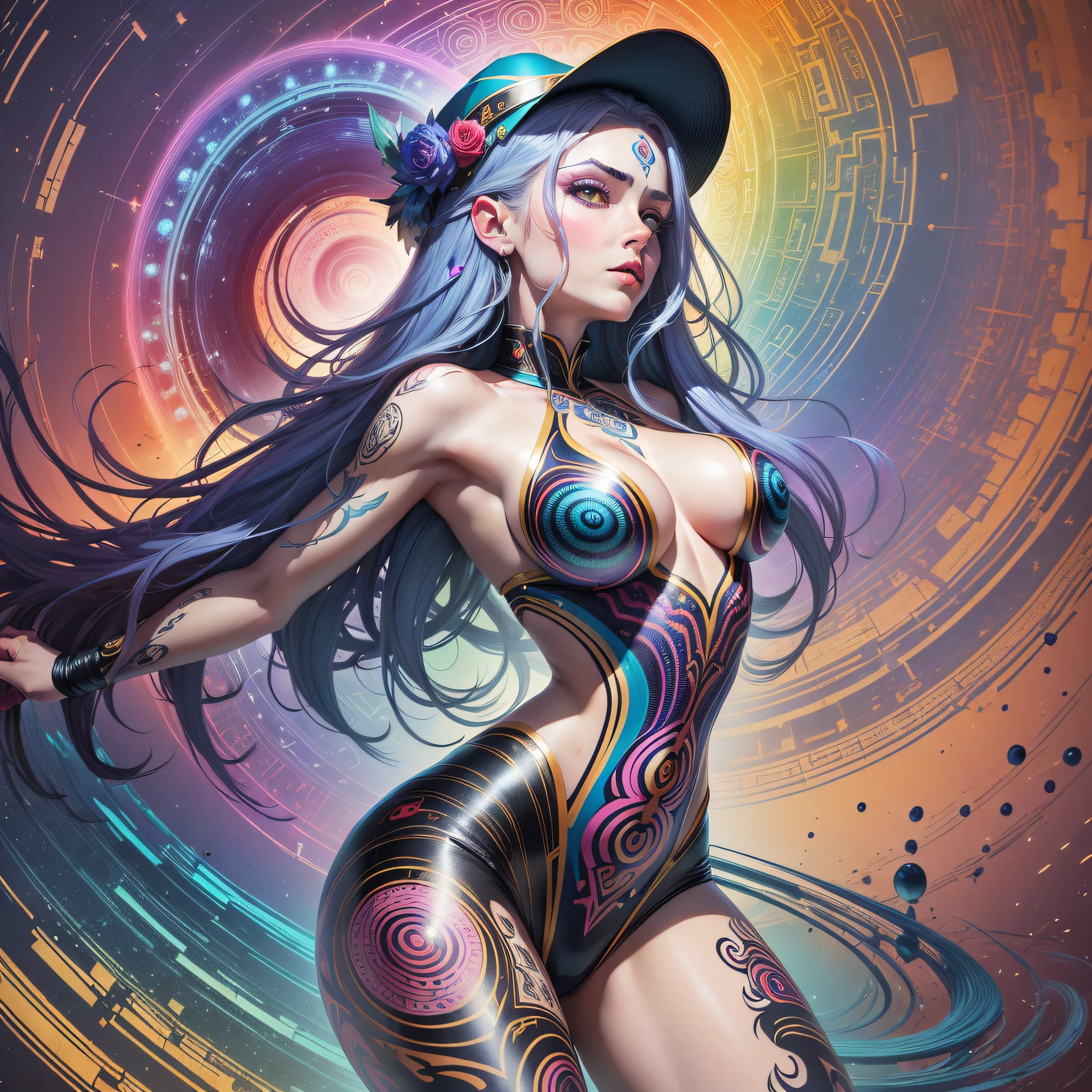 ((Best quality, 8k, Masterpiece :1.3)), 1girl, beautiful woman: behind: 1.3, full body, (long hair, large breasts: 1.2), oversized regatta: 1.2, full-body side woman, saturated colors, psychedelic image, LSD, mandala, fractral, costume, tattoo, painted body, bride, body tilted forward, art similar to Alex Grey's art, lots of color saturation, woman, vortex, ultra realistic, hat