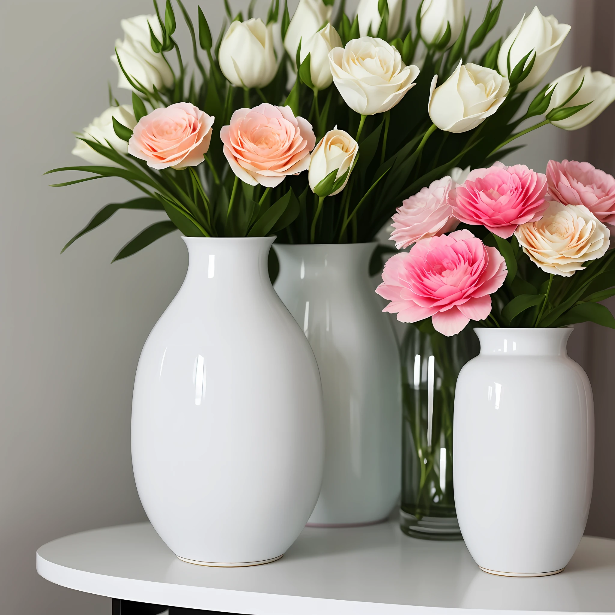 there is a white vase with pink flowers in it on a table, white vase, bright white porcelain, flowers and stems, vase with flowers, white and pink, i dream of a vase flowers, pink flowers, beautiful aesthetic, soft glow, vase work, vases and bottles, vase, dslr photo of a vase on a table, exquisite and smooth detail, only one vase,