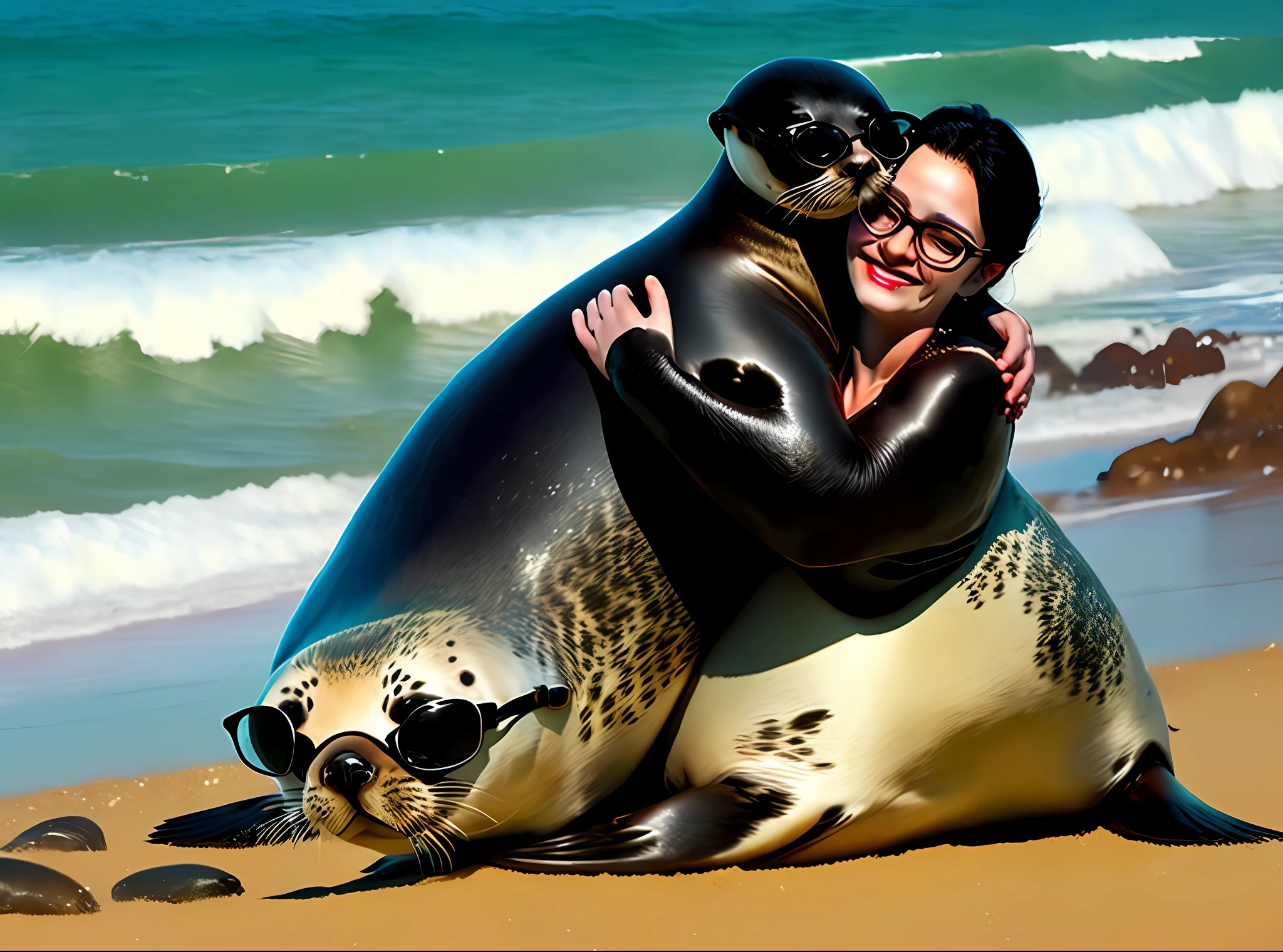 A woman with black hair and black-framed prescription glasses, hugging a seal in the ocean