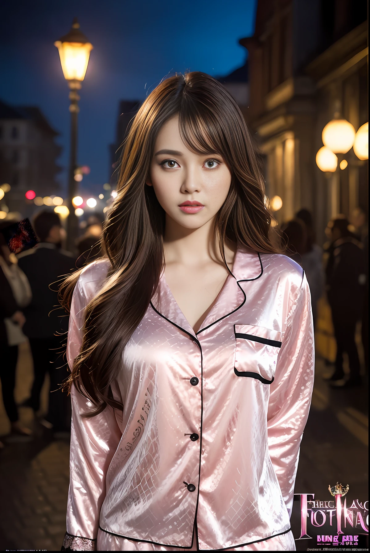masterpiece, (front focus), surrealist female portrait, fantasy art, realism, dynamic lighting, art station, poster, volumetric lighting, highly detailed face, black and fluffy eyes, shiny pupils,4K, award-winning, 1 girl, understated,fullbody shot, (official attire: 1.4,pink lace pajamas), street light, dark brown hair,